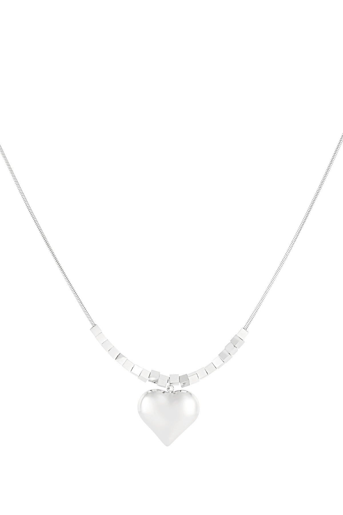 Silver chunky heart pendant necklace with cube bead chain on white background