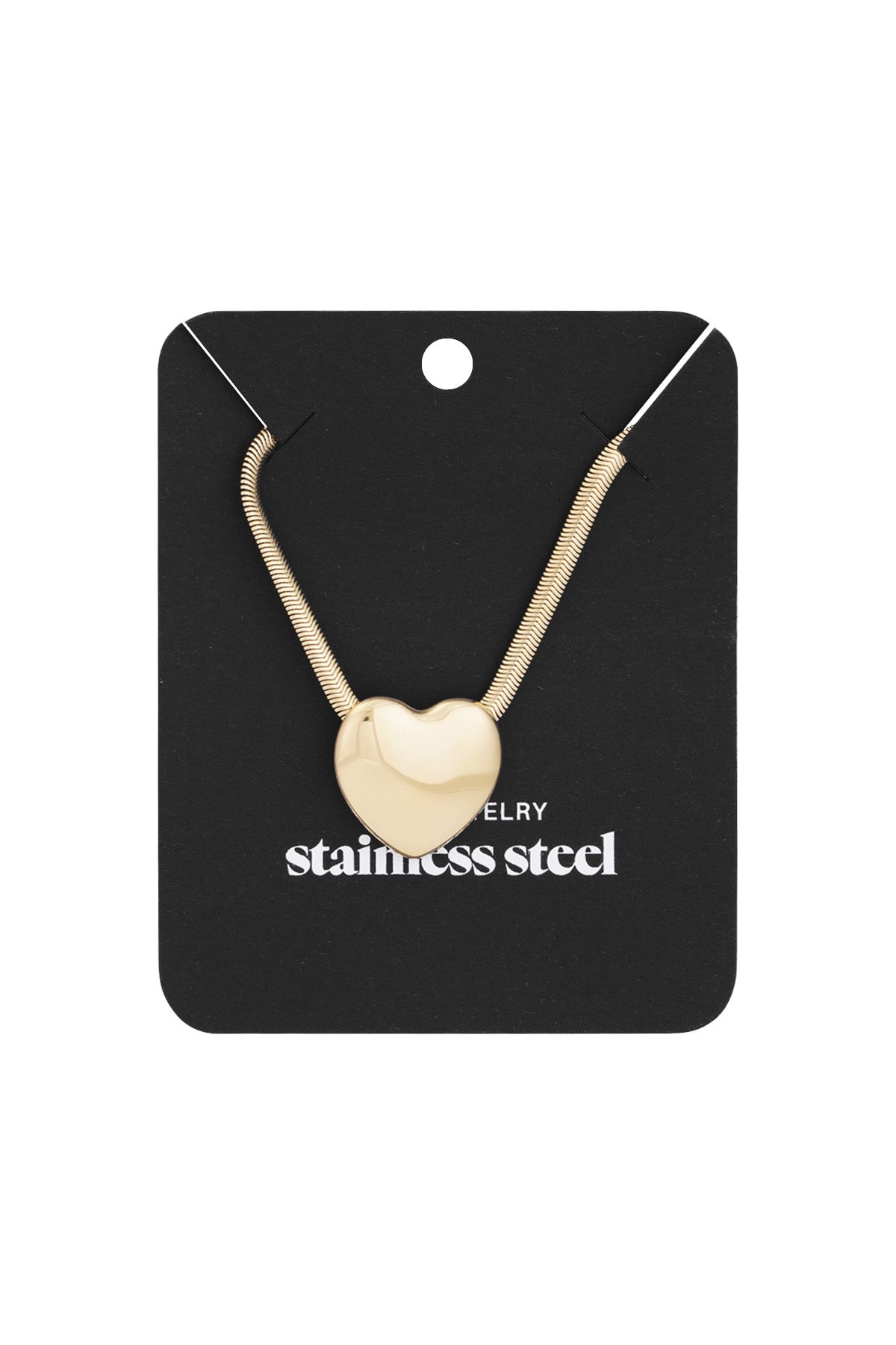 Gold-tone heart pendant necklace displayed on a black card labelled 'stainless steel' showcasing elegant packaging.