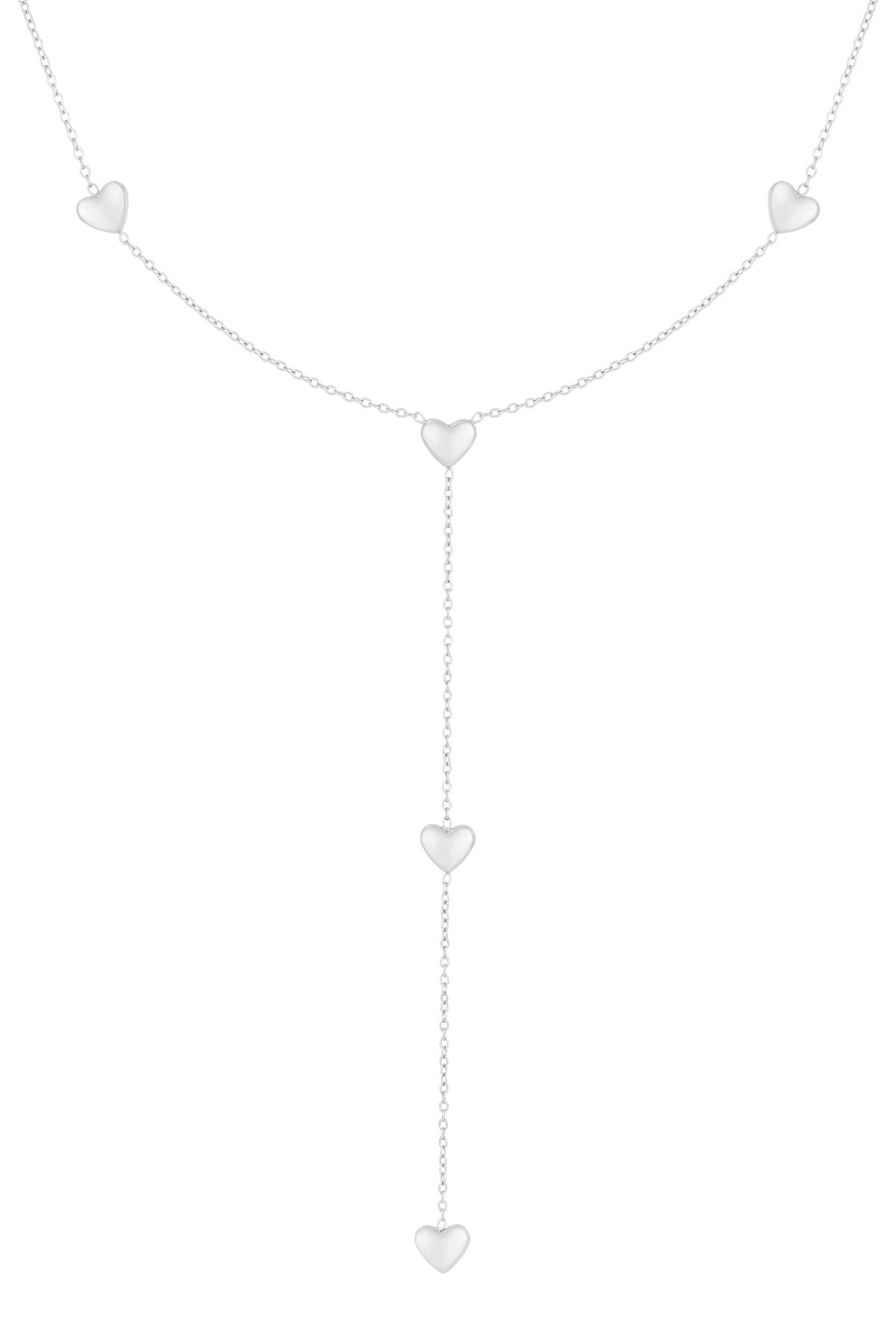 Silver tone delicate heart drop necklace with multiple heart charms and lariat chain design on a white background