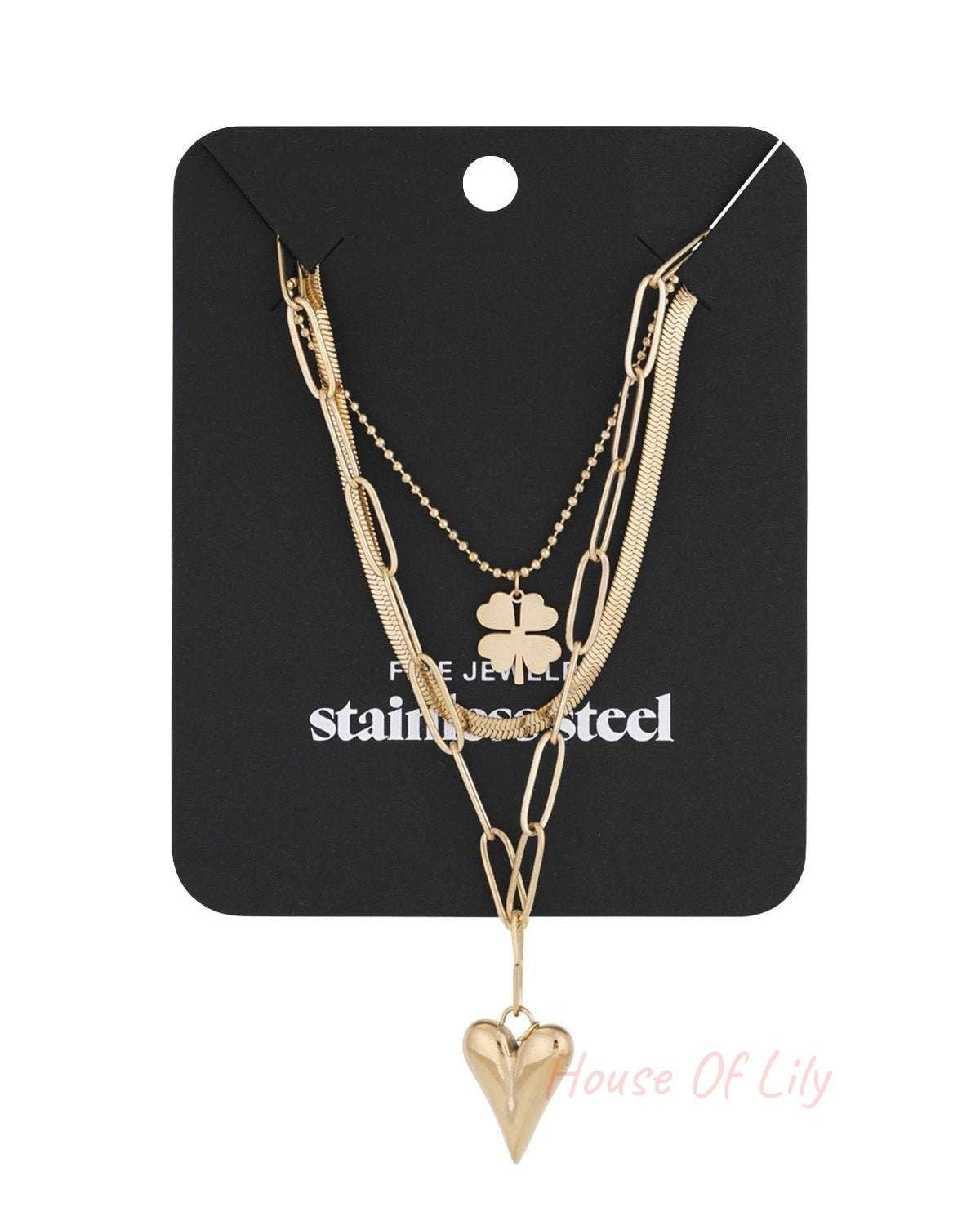three-layer necklace clover and heart
