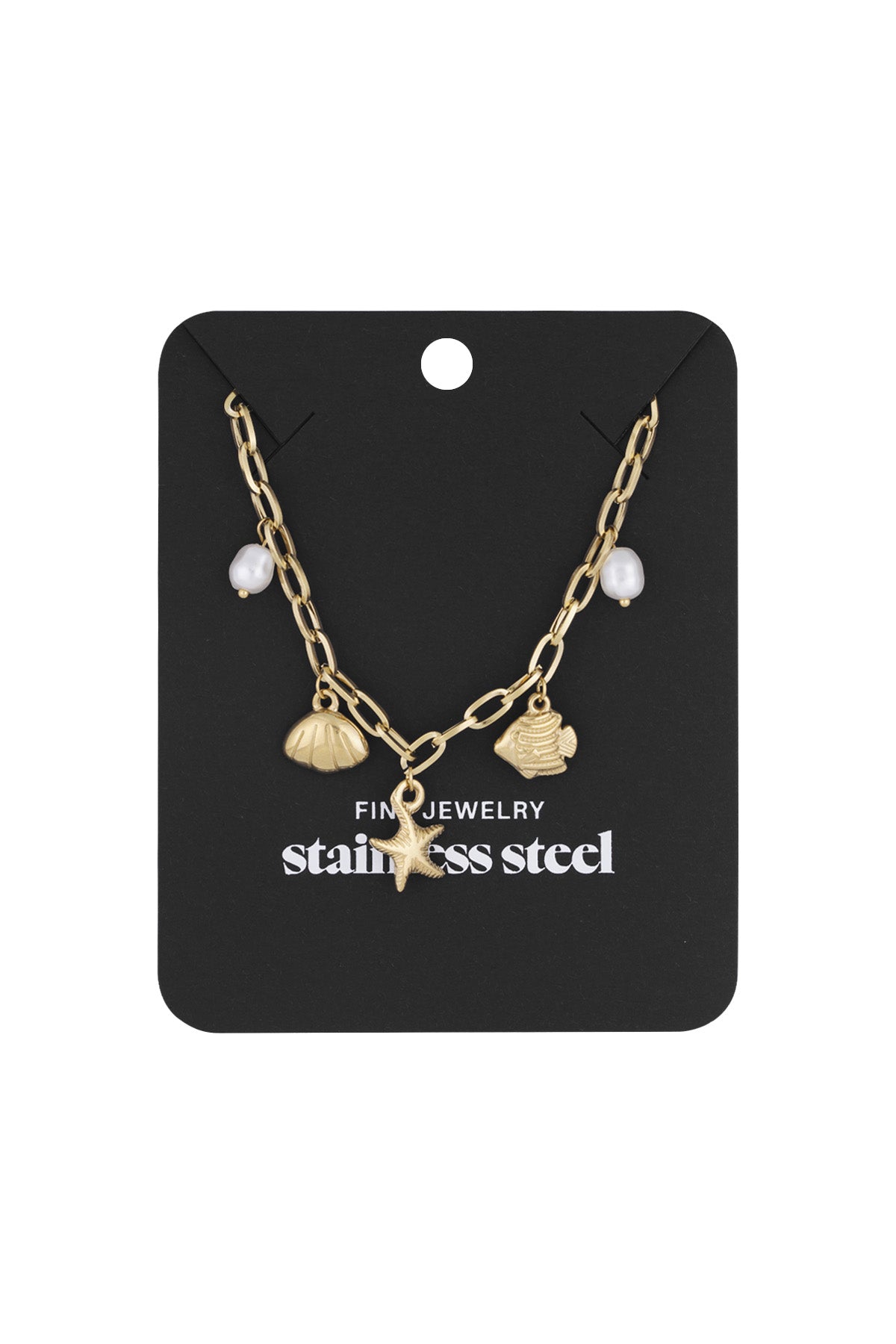 Gold beach charm pendant necklace displayed on black retail card with stainless steel branding