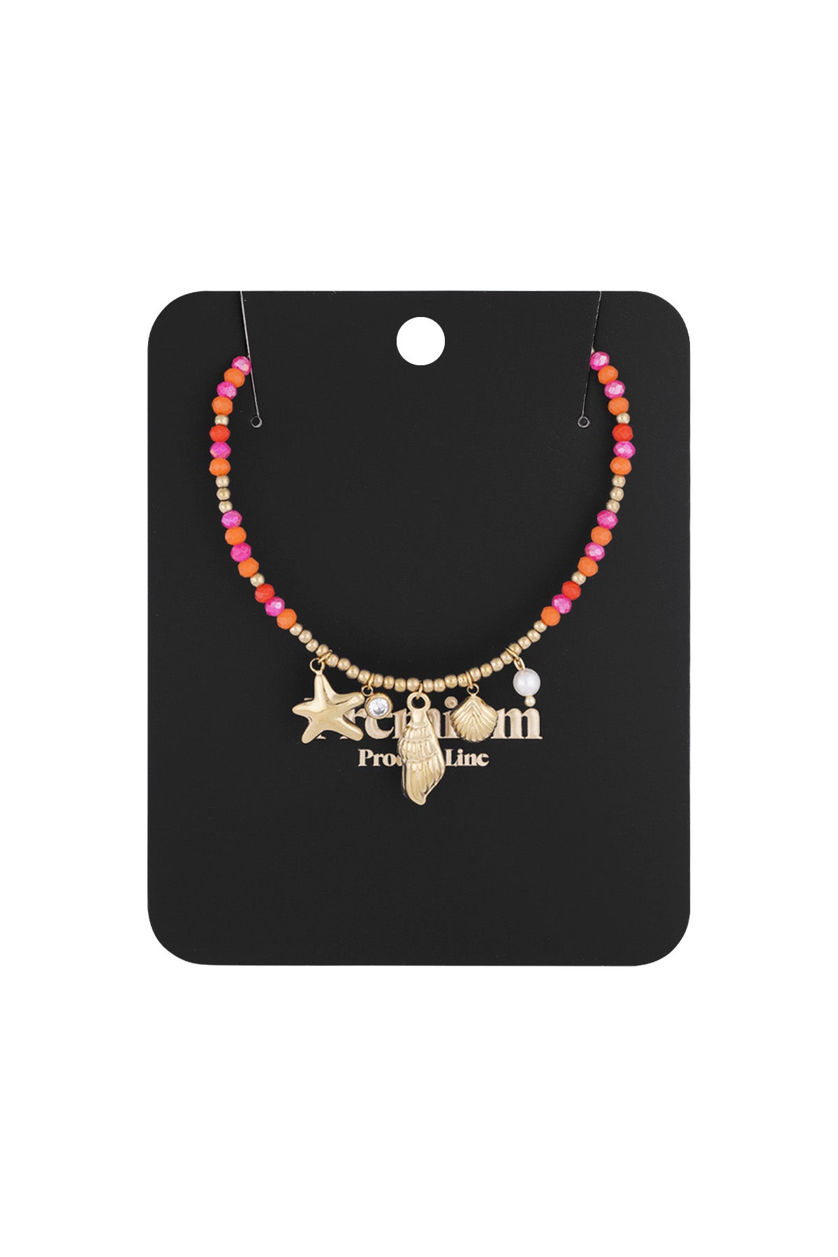 Necklace displayed on black packaging card showing the colorful beads and ocean-inspired gold charms