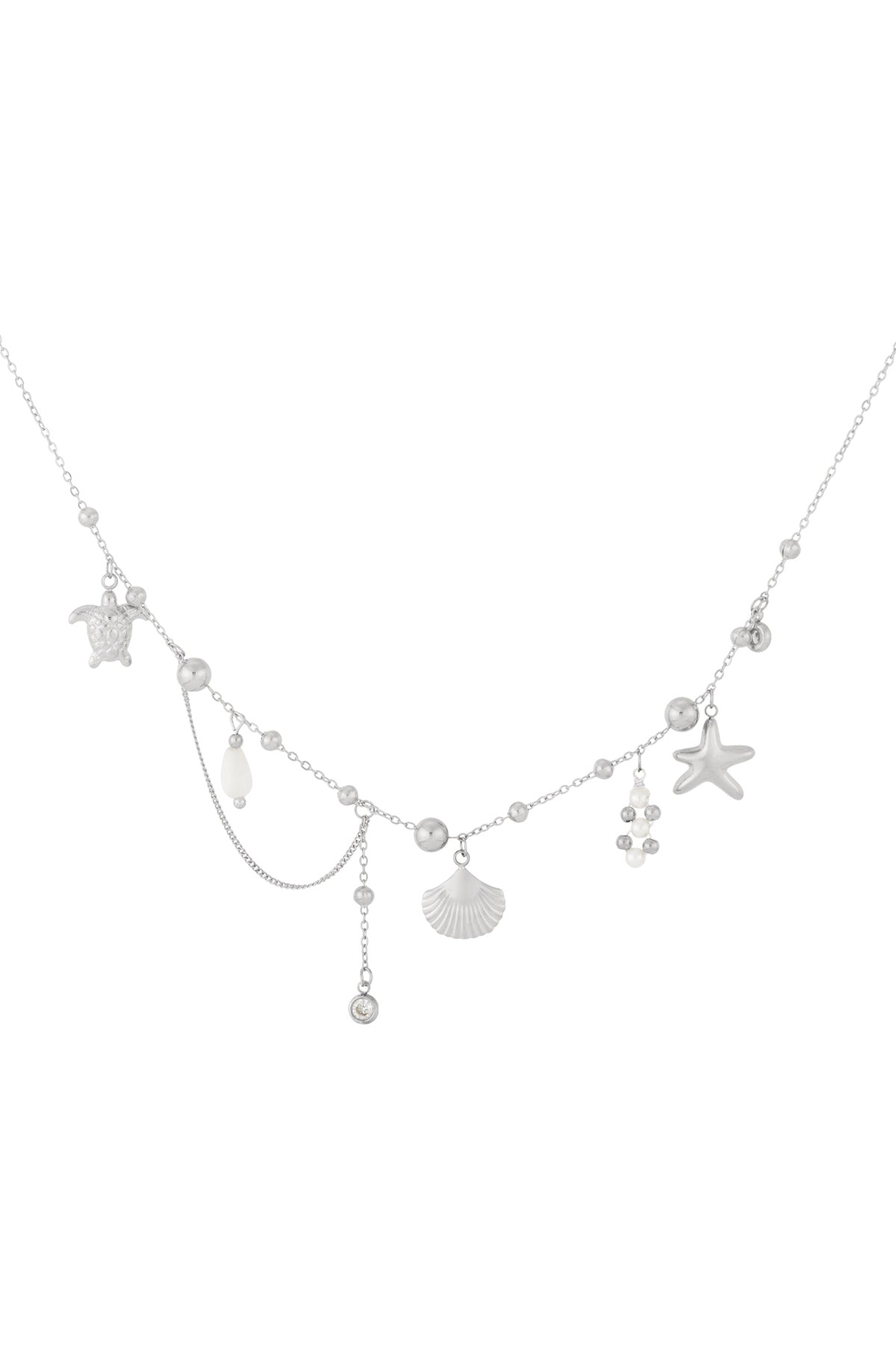 Azure Vibe silver chain necklace featuring dangling charms: sea turtle, seashell, starfish, and pearl accents.