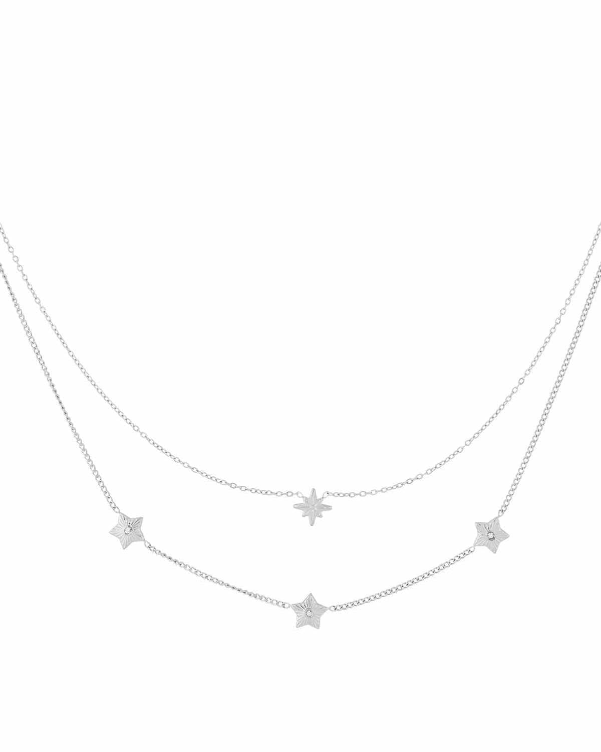 Minimal Star Clean Stack silver double-layer necklace featuring dainty star charms with central crystal accents.
