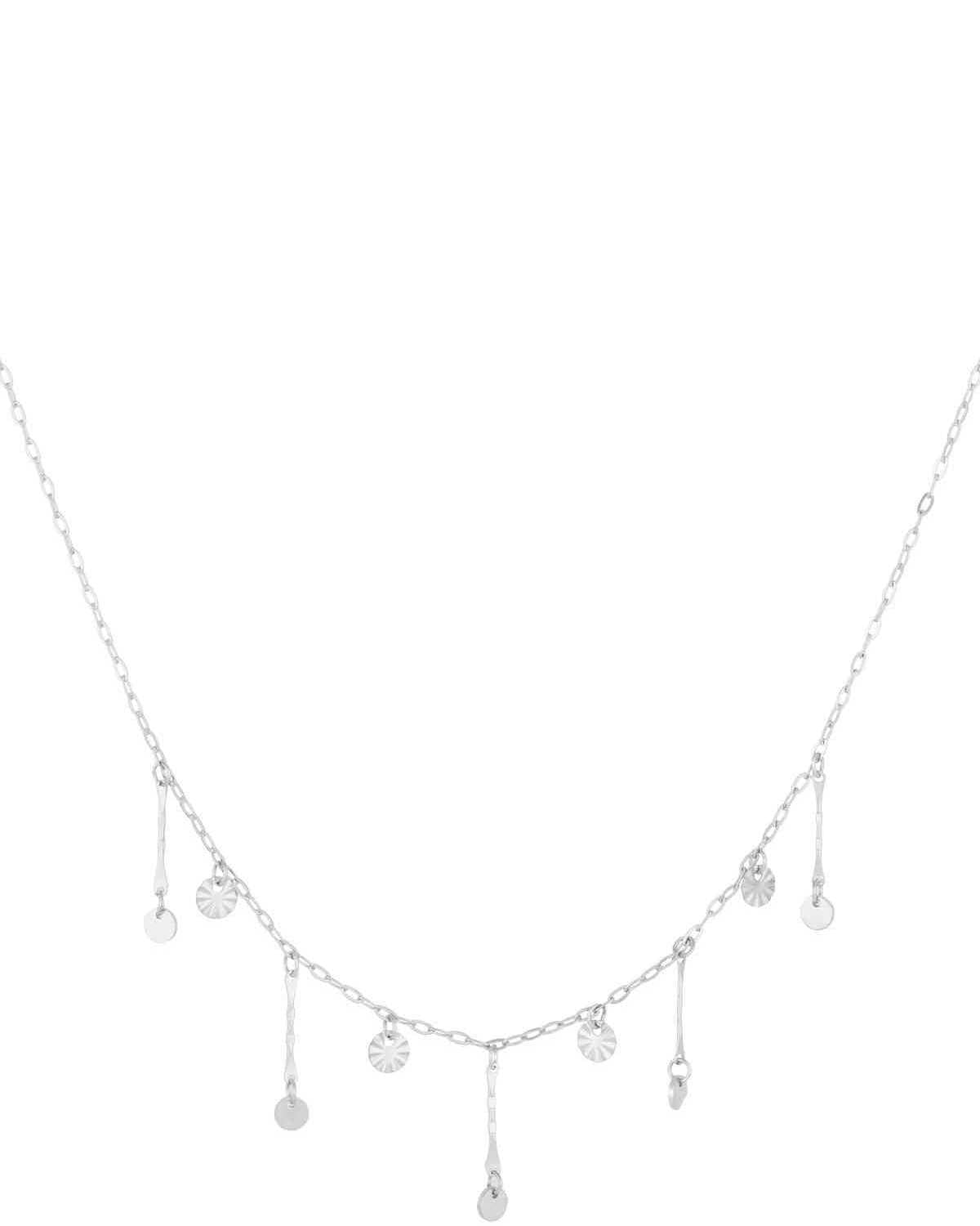 Silver version of the dainty disc charm necklace with alternating round and textured discs on chain