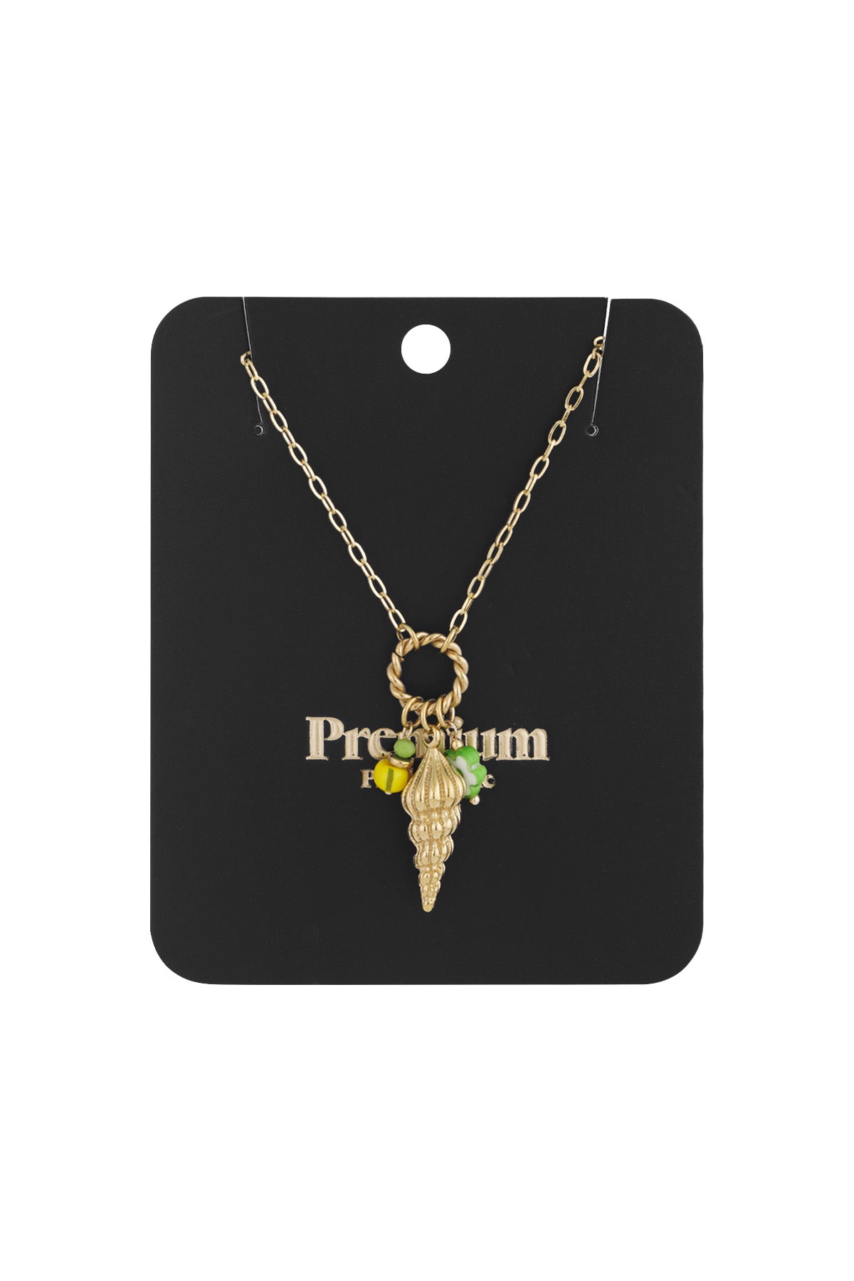 Gold shell charm necklace displayed on black jewellery card with twisted ring clasp
