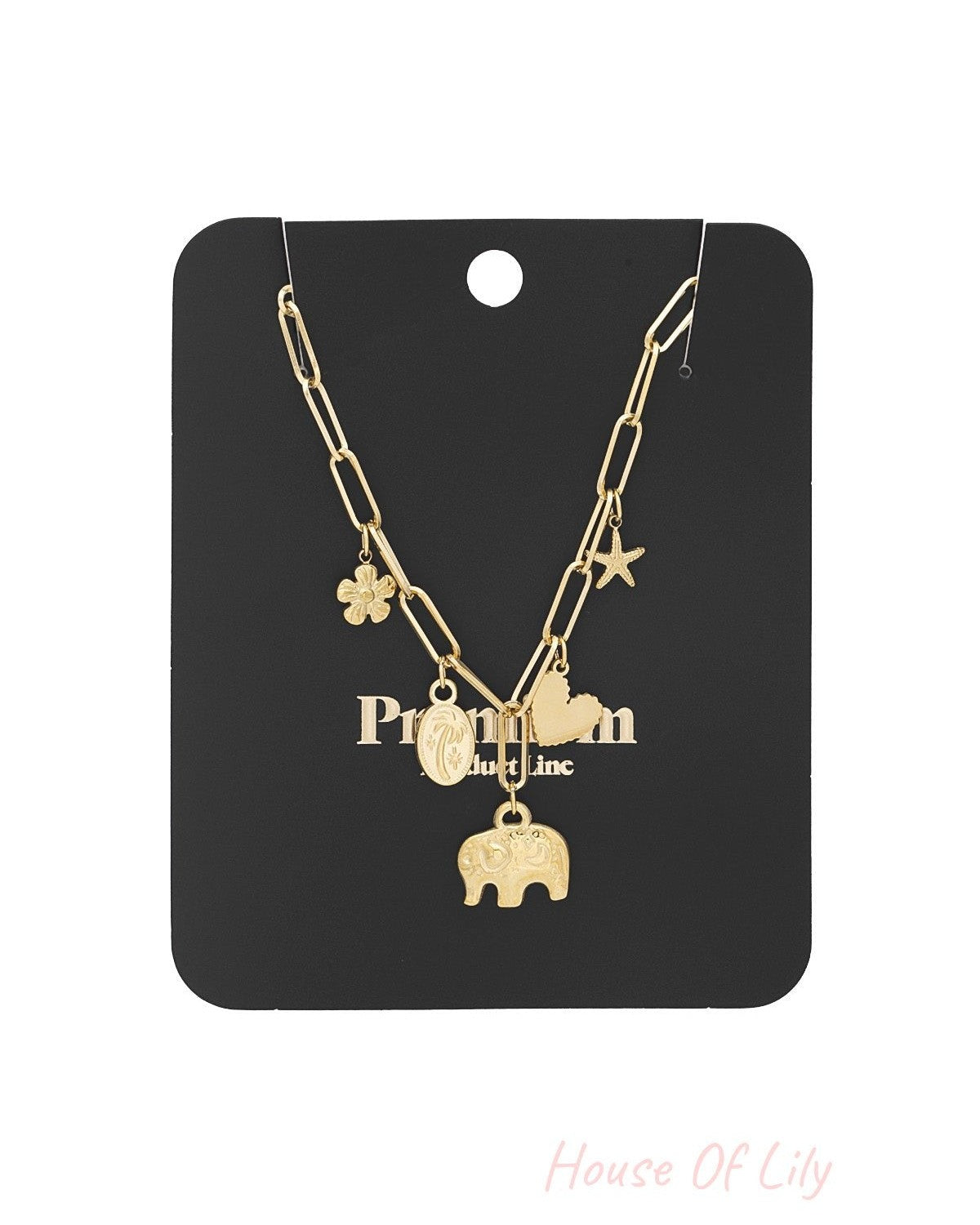 Gold-tone charm necklace displayed on a black card backing with 'Premium boutique line' text, showing chain and charms clearly