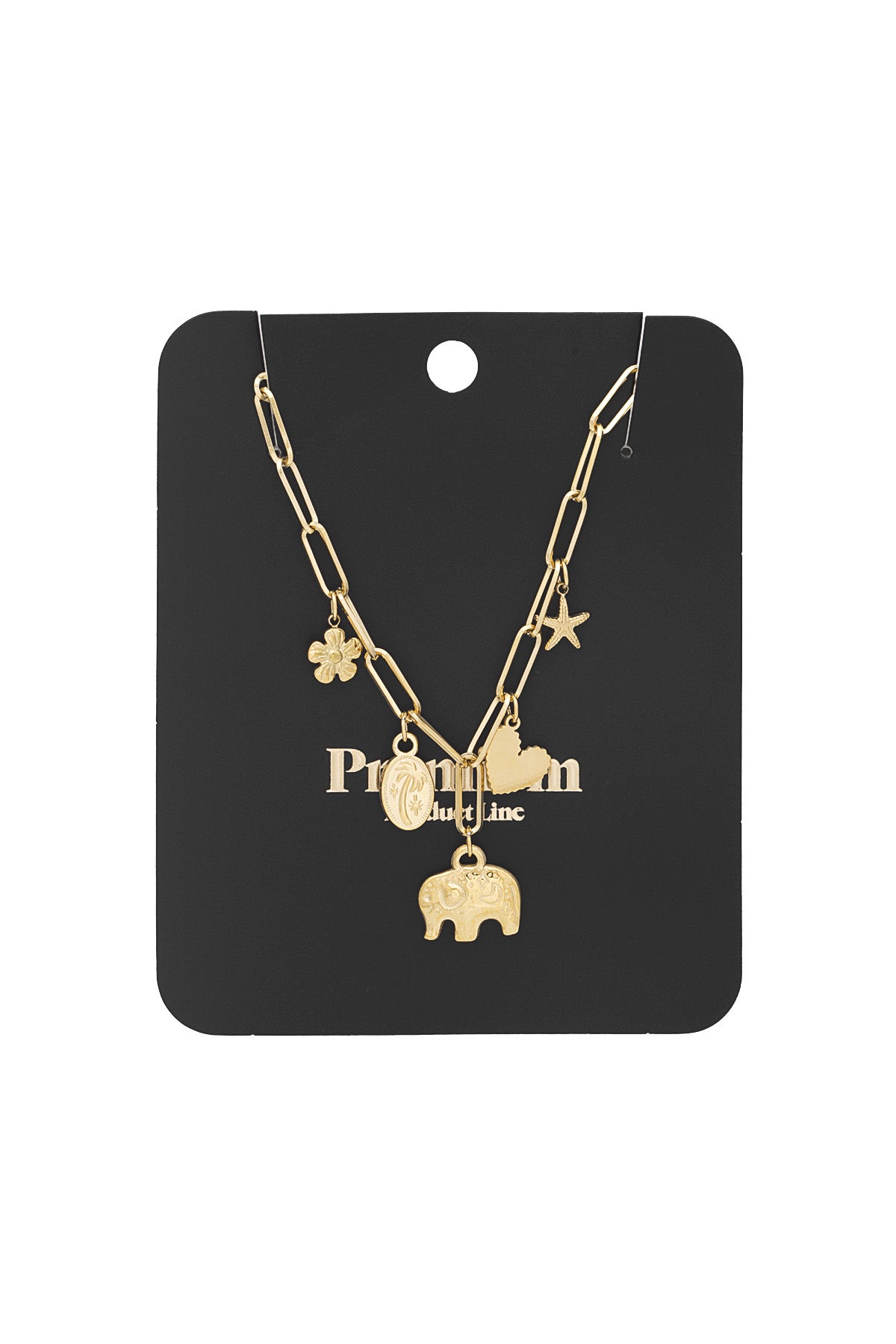 Gold-tone charm necklace displayed on a black card backing with 'Premium boutique line' text, showing chain and charms clearly