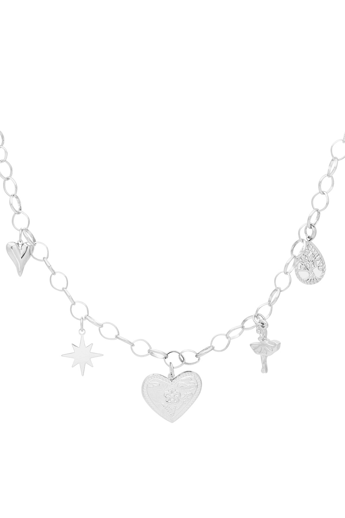 Silver-tone version of the charm necklace with heart, star, ballerina, tree, and embossed heart pendants on a white background