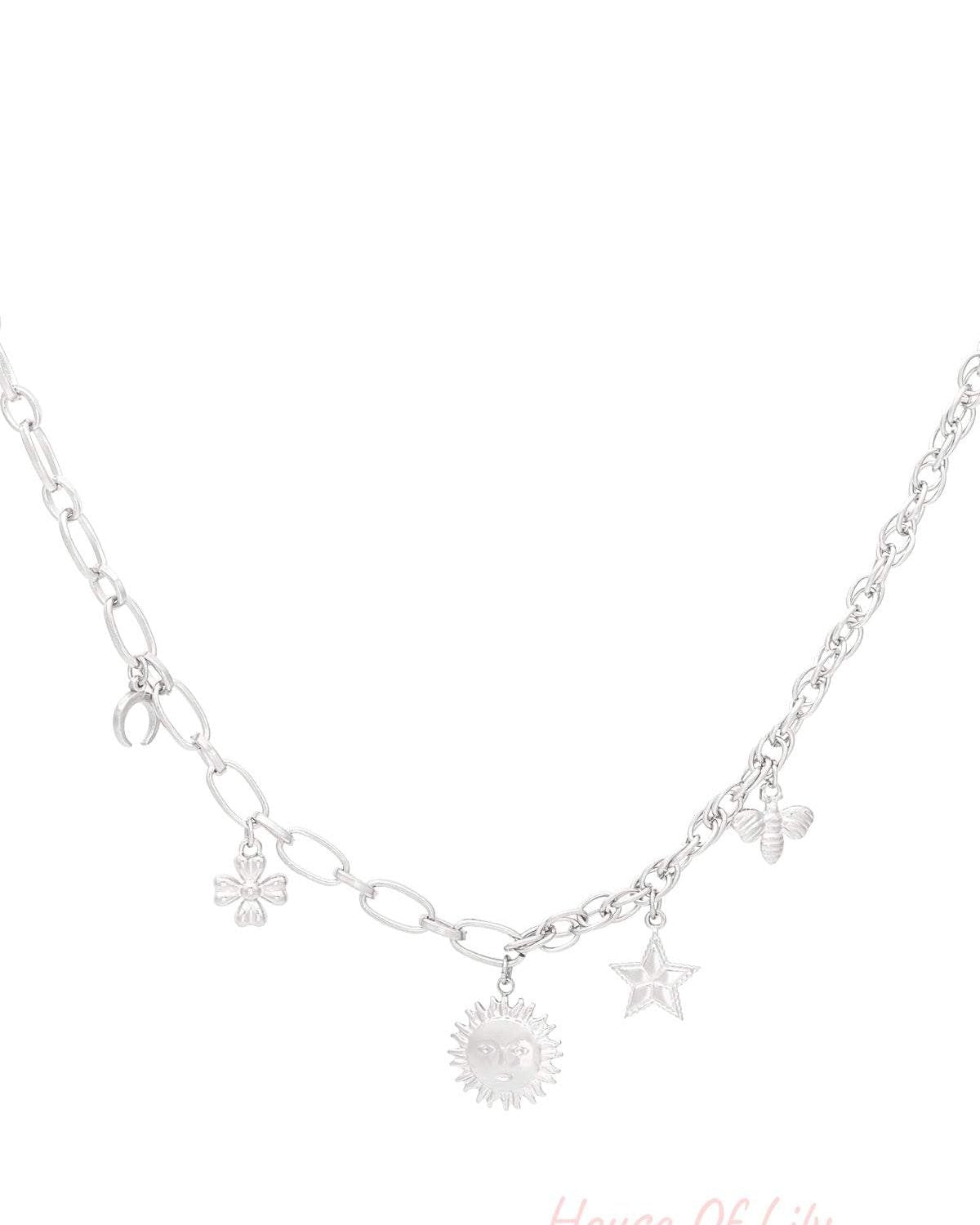 Silver charm necklace with same sun, star, bee, flower and moon charms on mixed chains against white background
