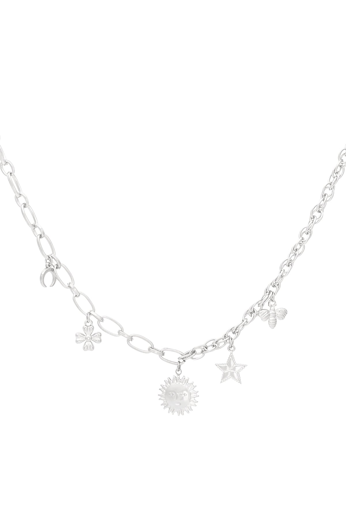 Silver charm necklace with same sun, star, bee, flower and moon charms on mixed chains against white background