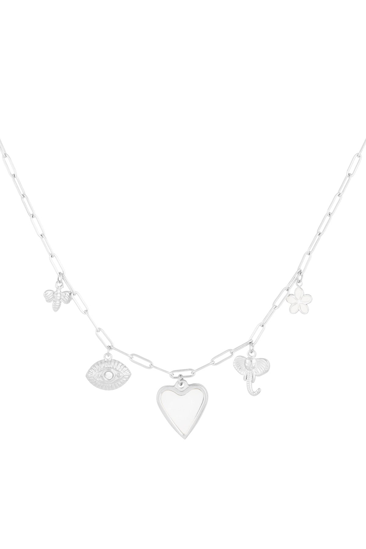 Silver tone charm pendant necklace with heart, bee, eye, elephant, and flower charms on paperclip chain against white background