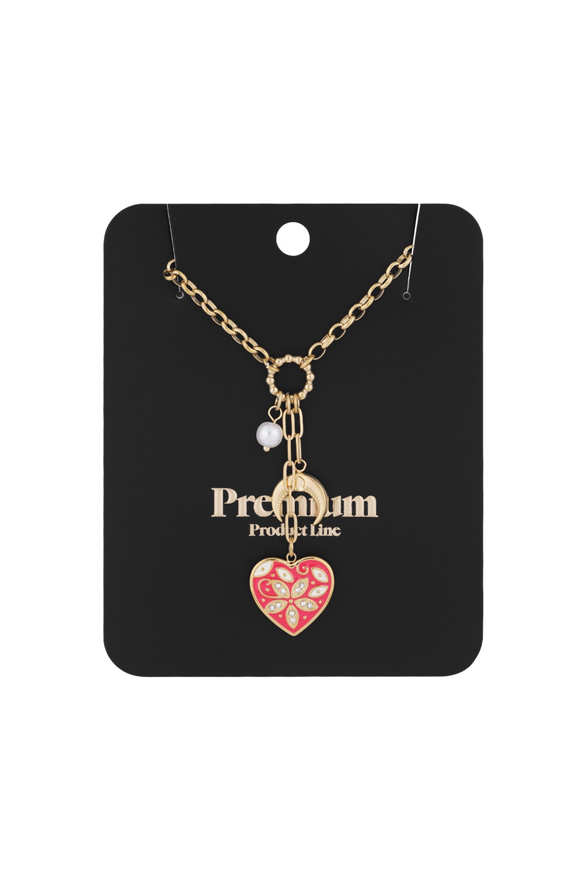 Gold-tone charm necklace displayed on black 'Premium Product Line' card showing red heart, crescent moon, and pearl charms