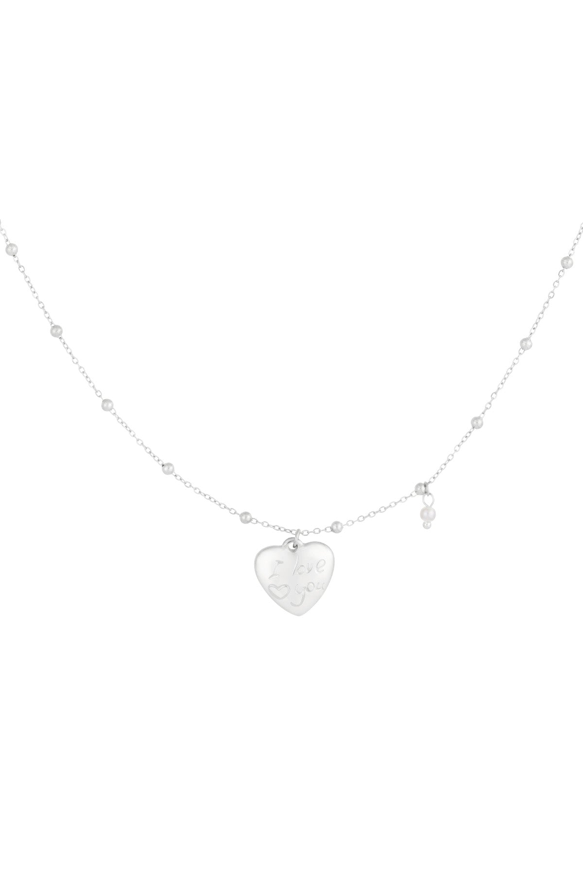 Silver heart charm pendant necklace with bead chain and small pearl accent on white background