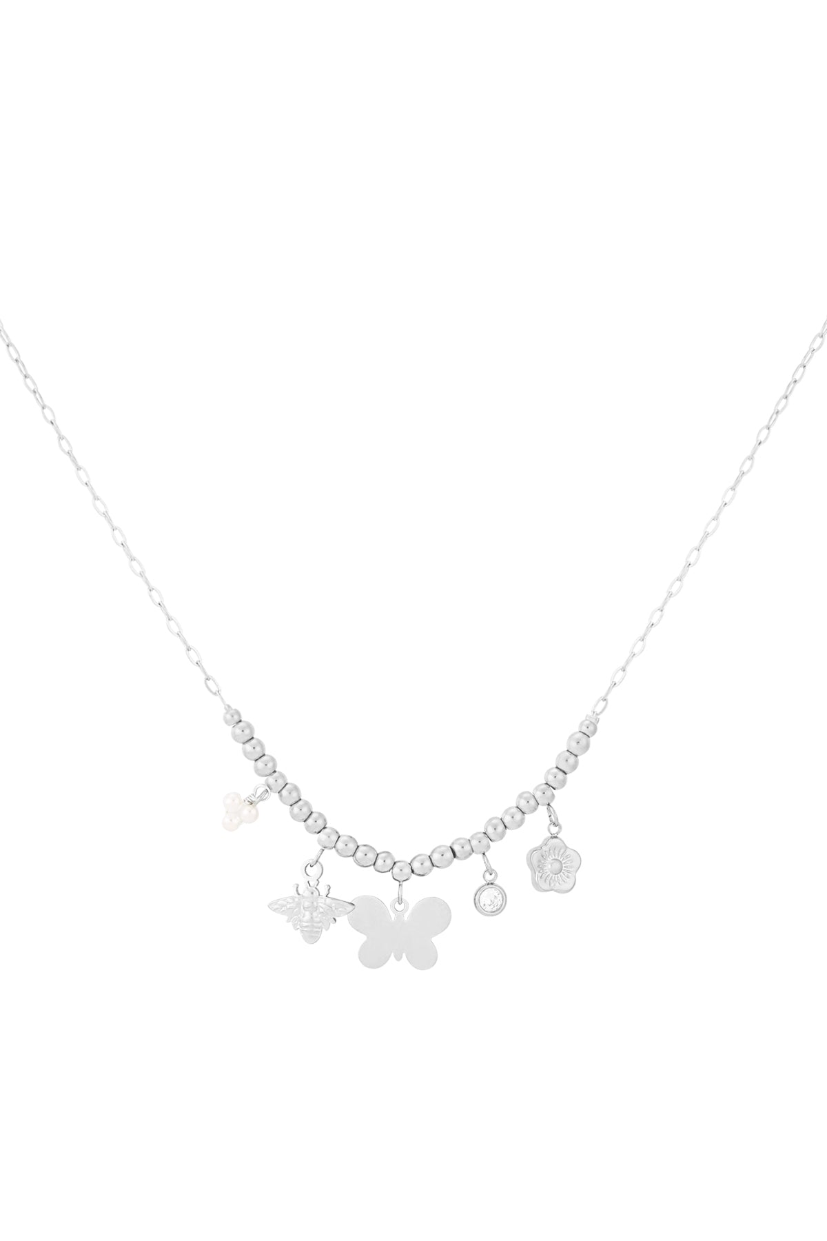 Silver charm beaded necklace with butterfly, bee, pearl and floral charms on white background