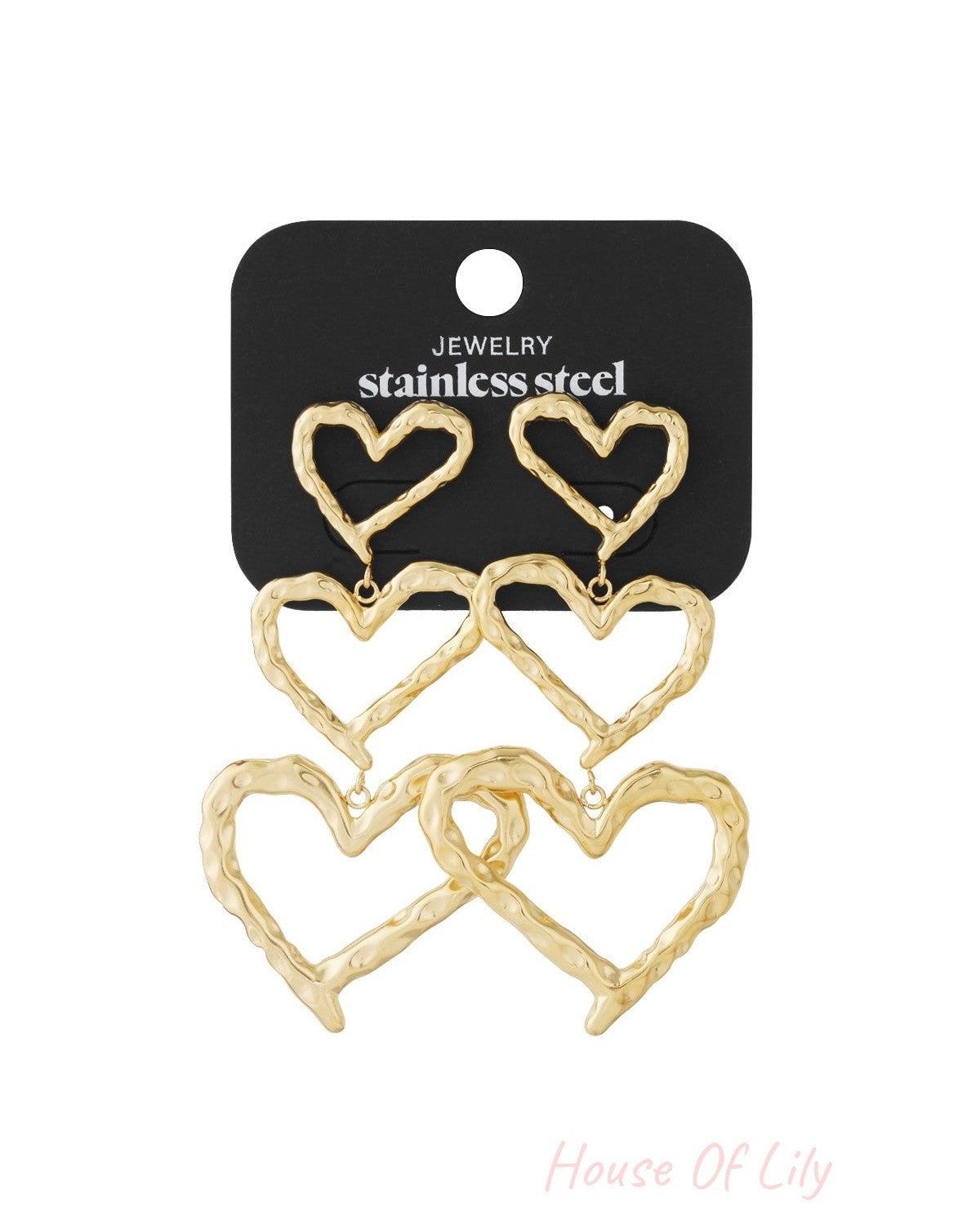 Gold-tone stainless steel drop earrings featuring three graduated, textured heart shapes stacked vertically.