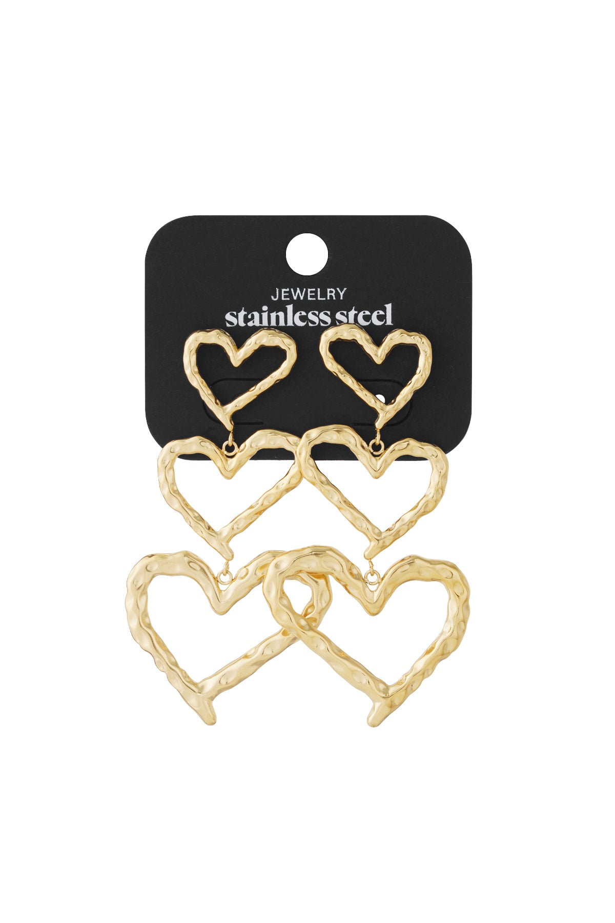Gold-tone stainless steel drop earrings featuring three graduated, textured heart shapes stacked vertically.