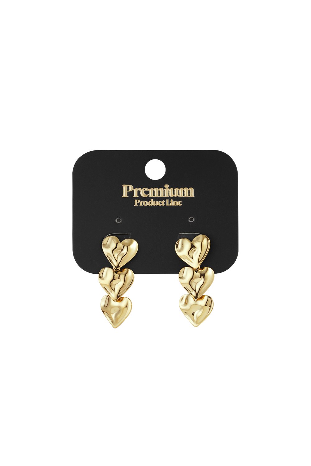 Brushed gold drop earrings featuring a trio of interconnected, organic-shaped hearts on a black display card.