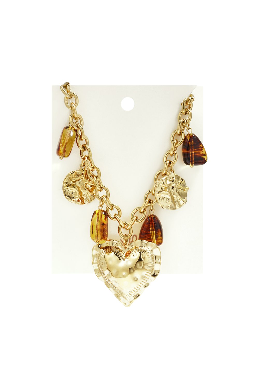 Gold-tone chain necklace with a large hammered heart pendant, mixed with gold discs and translucent amber-style charms.
