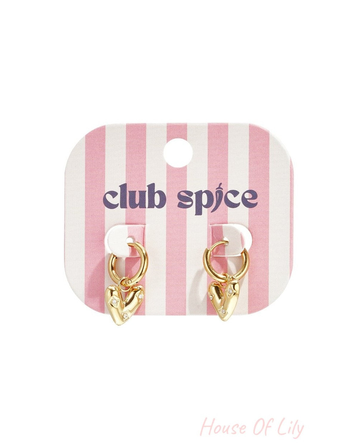 Gold-tone hoop earrings with dangling, puffed heart charms featuring small inset crystals on a pink-striped display card.