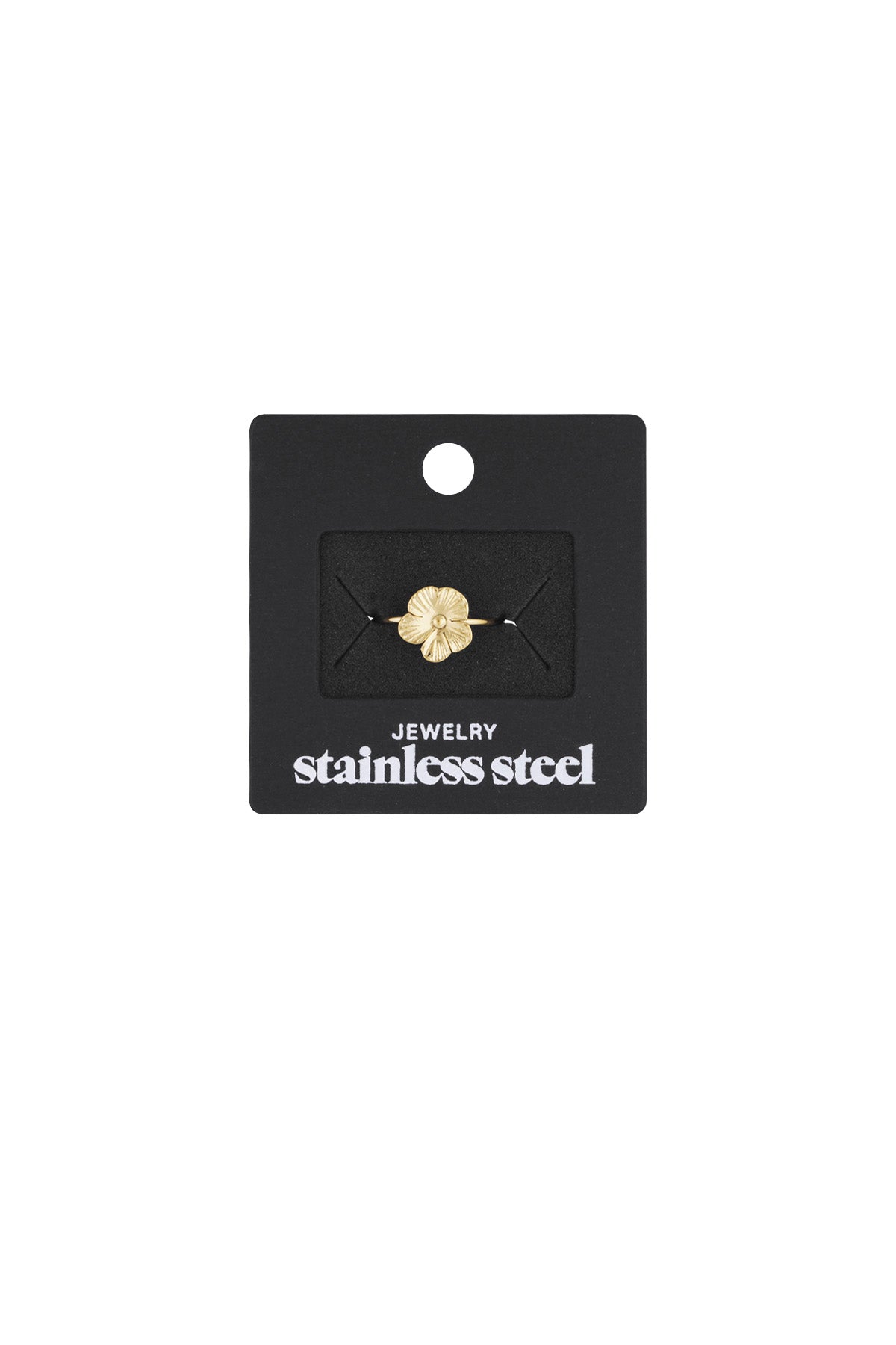 Gold flower ring displayed on a black card holder labeled stainless steel jewelry