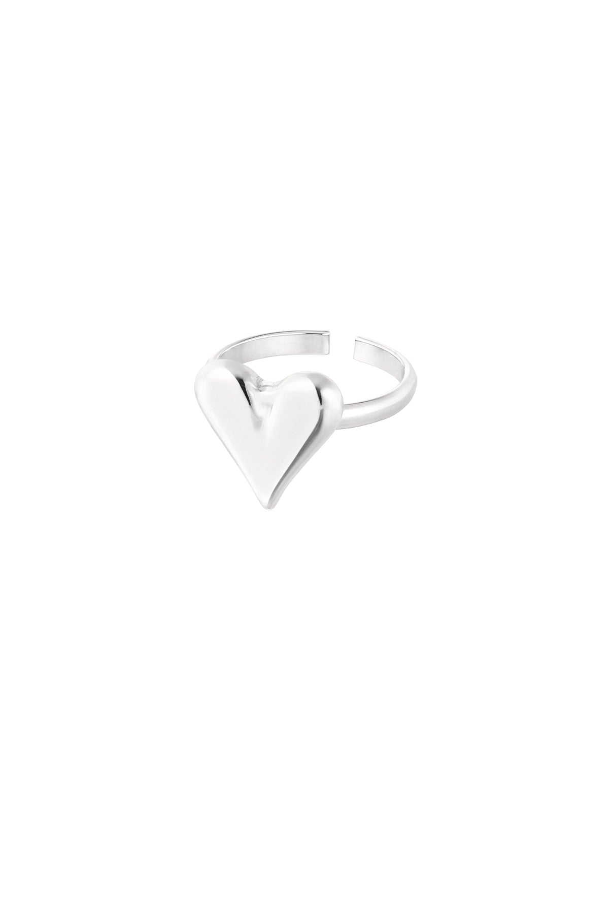 Silver adjustable ring with the same shiny puffy heart design isolated on white background