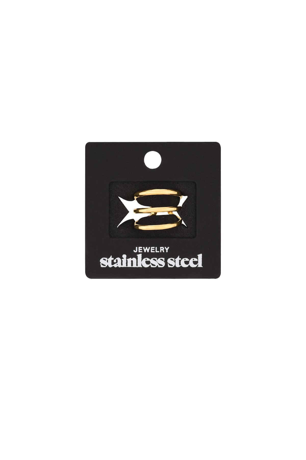 Gold three-layer ring displayed on black stainless steel jewelry card