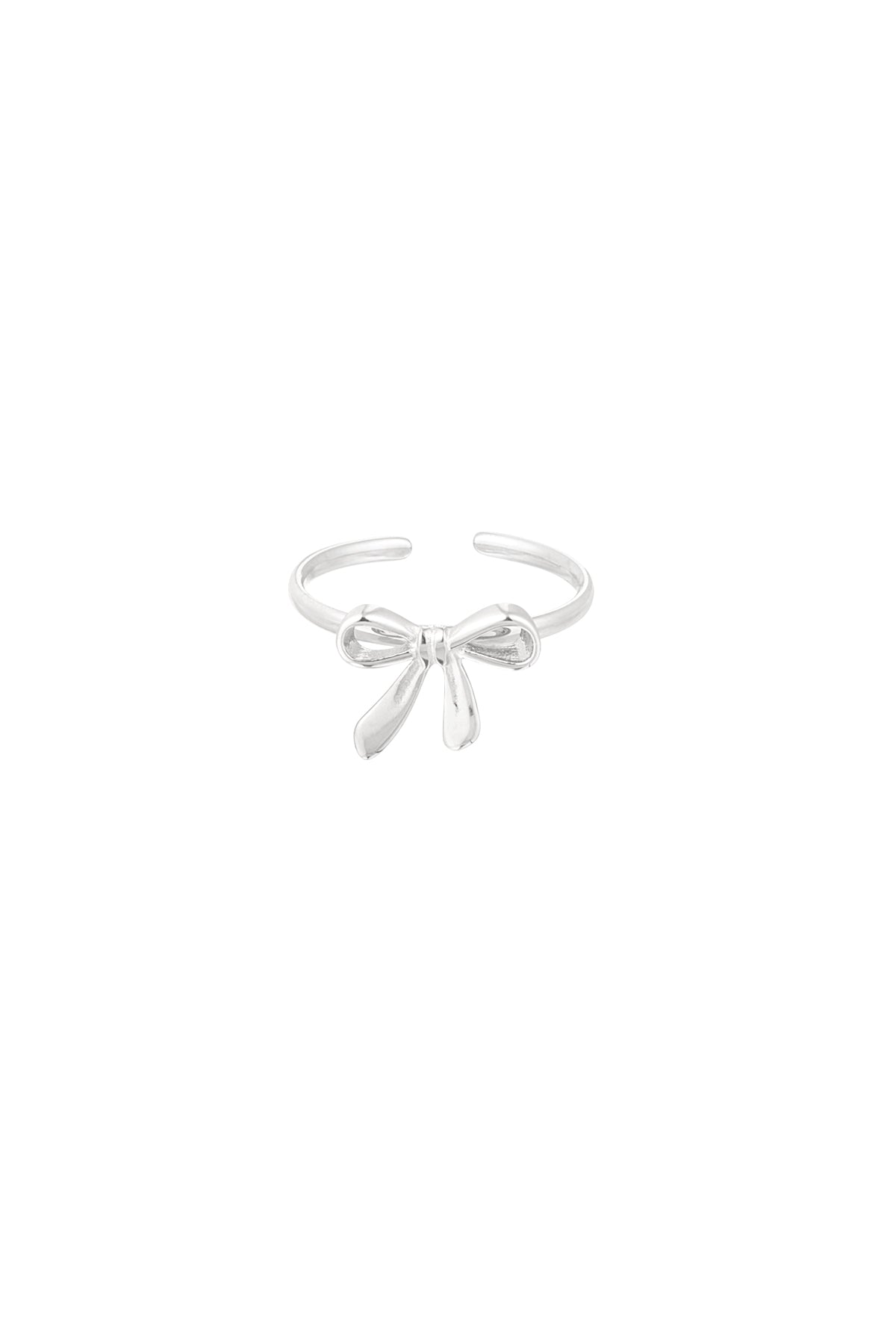 Close-up of silver bow accent minimalist open ring on white background