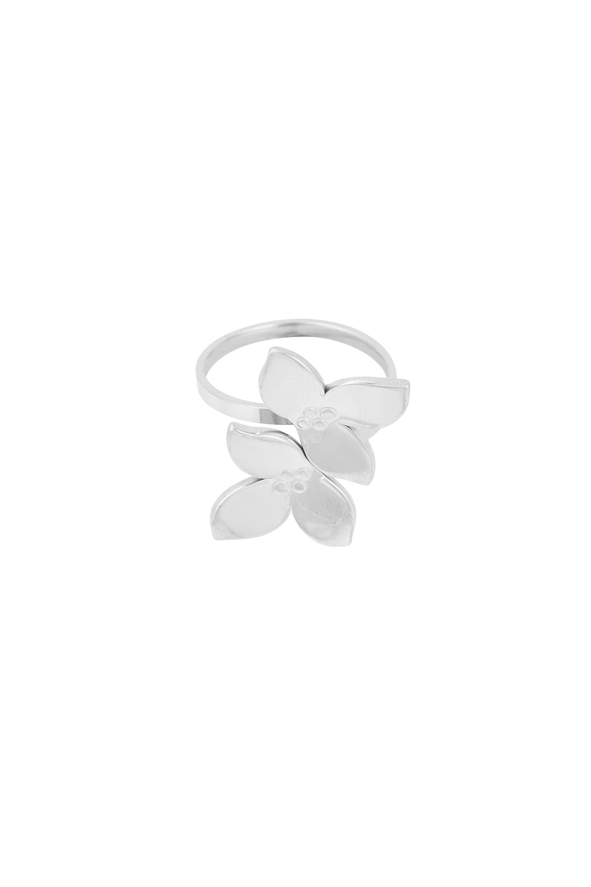 Silver double flower stainless steel ring on white background