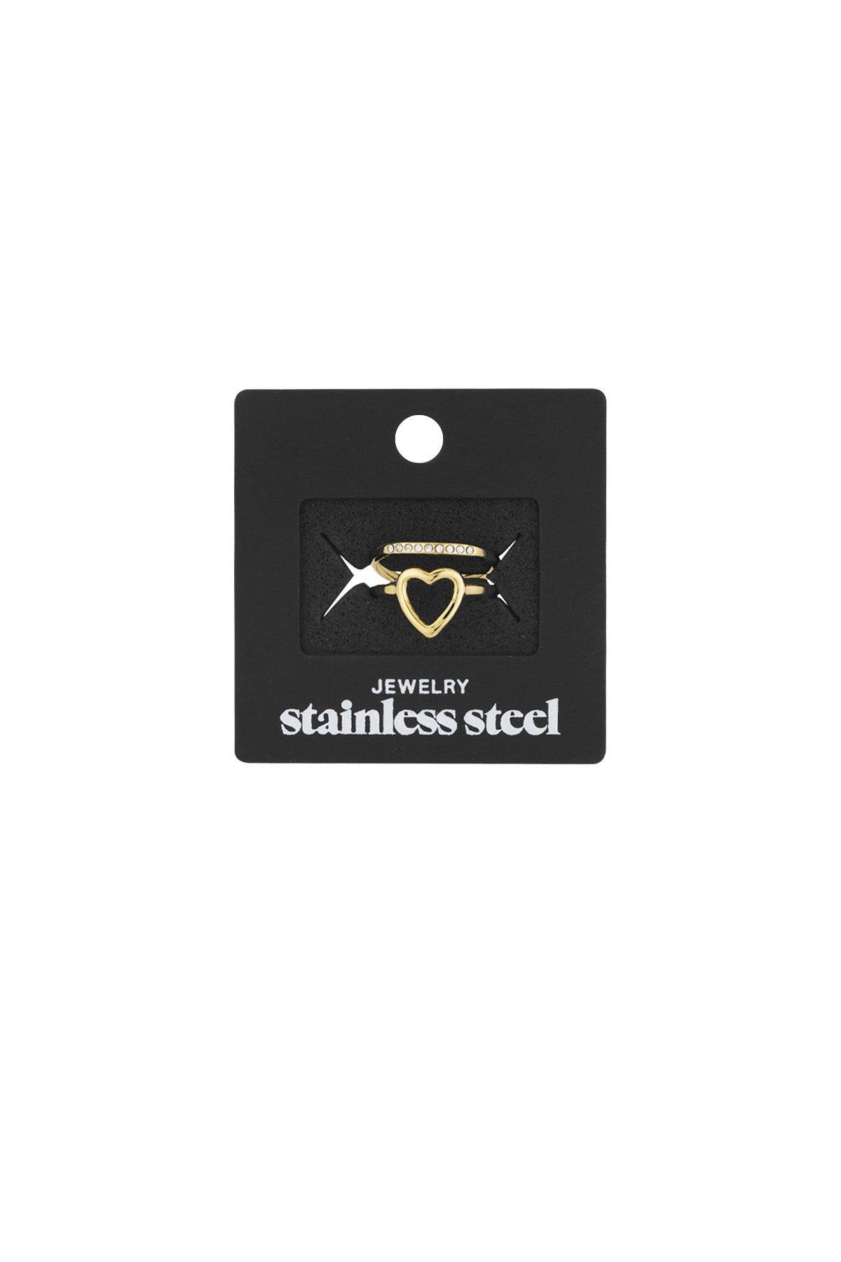 Gold heart and rhinestone accent rings displayed on a black card labeled 'stainless steel jewelry'
