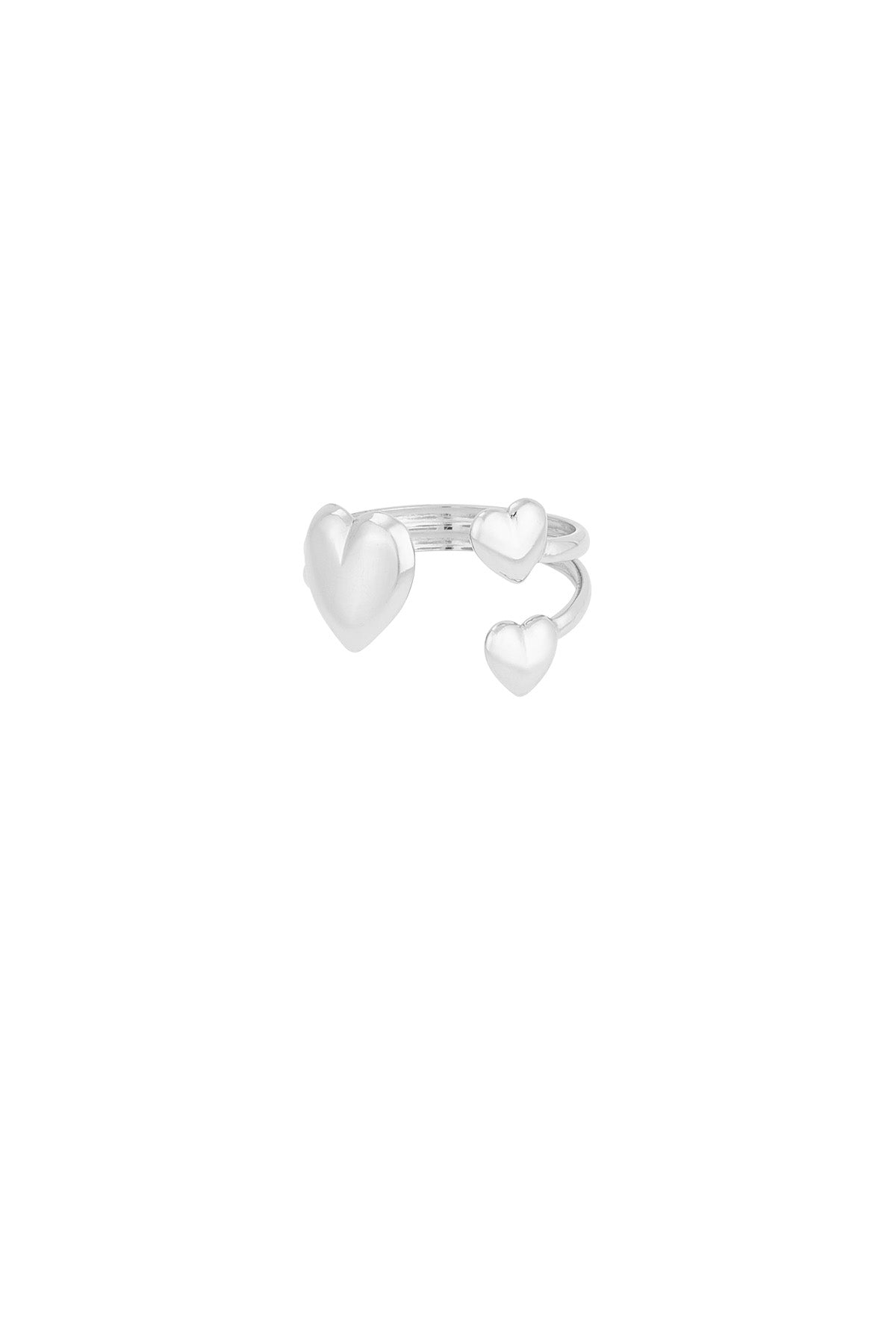 Silver-tone version of trio heart open ring showing three hearts and open adjustable band