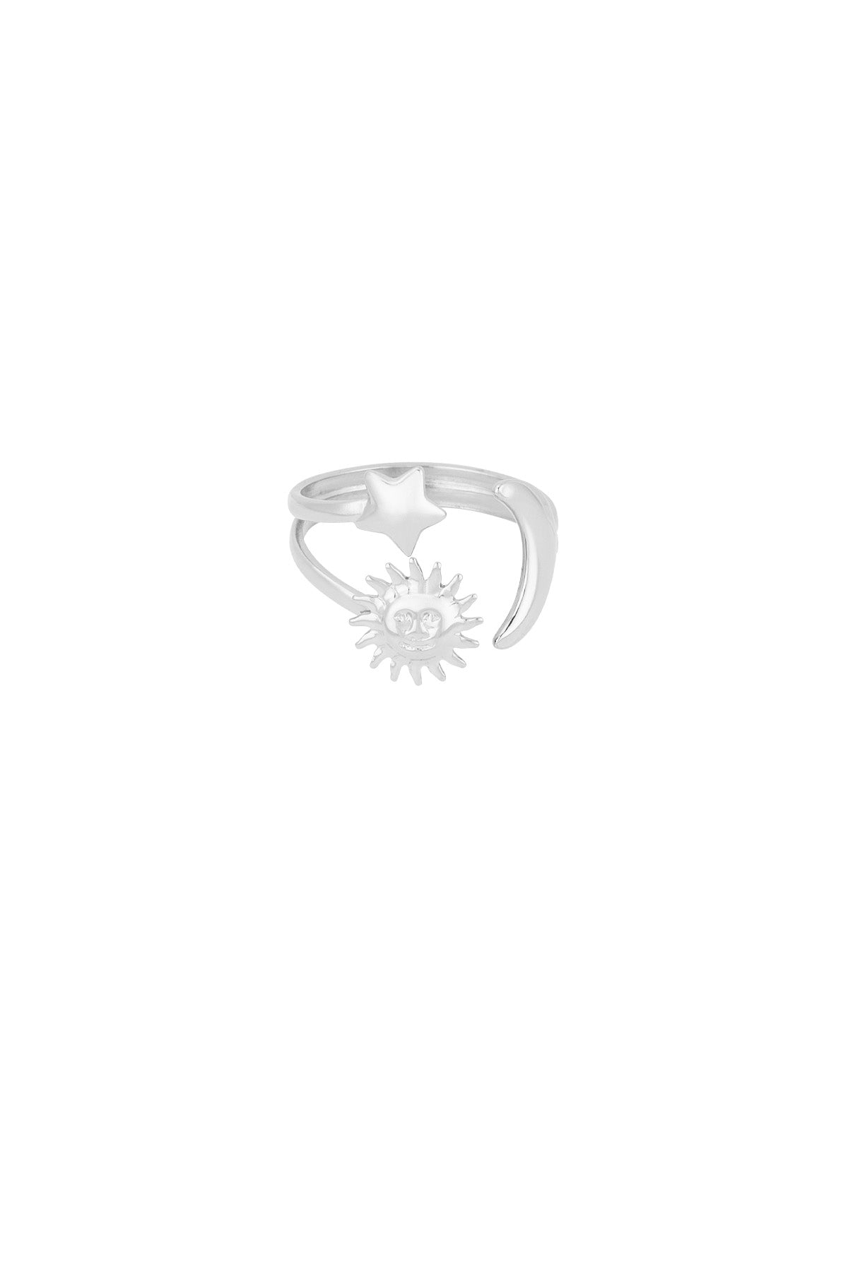 Silver finish celestial ring featuring star, crescent moon, and smiling sun motifs on white background