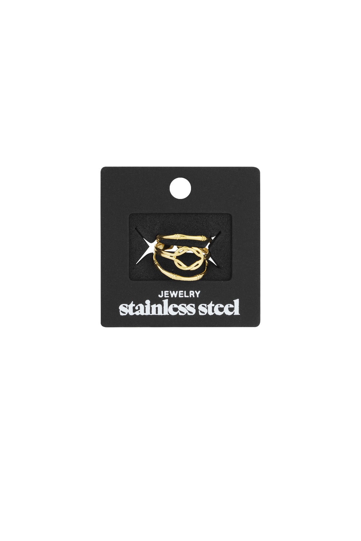 Gold-layered knot ring displayed on black card packaging labelled stainless steel jewellery