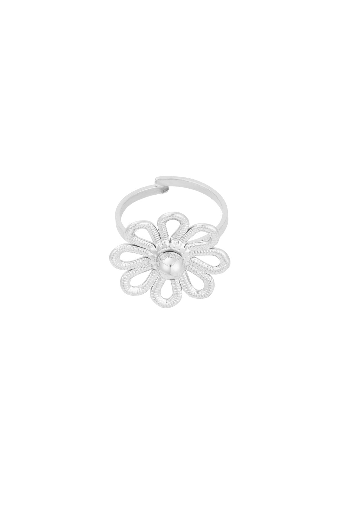 Silver flower statement ring variation with same design on white background