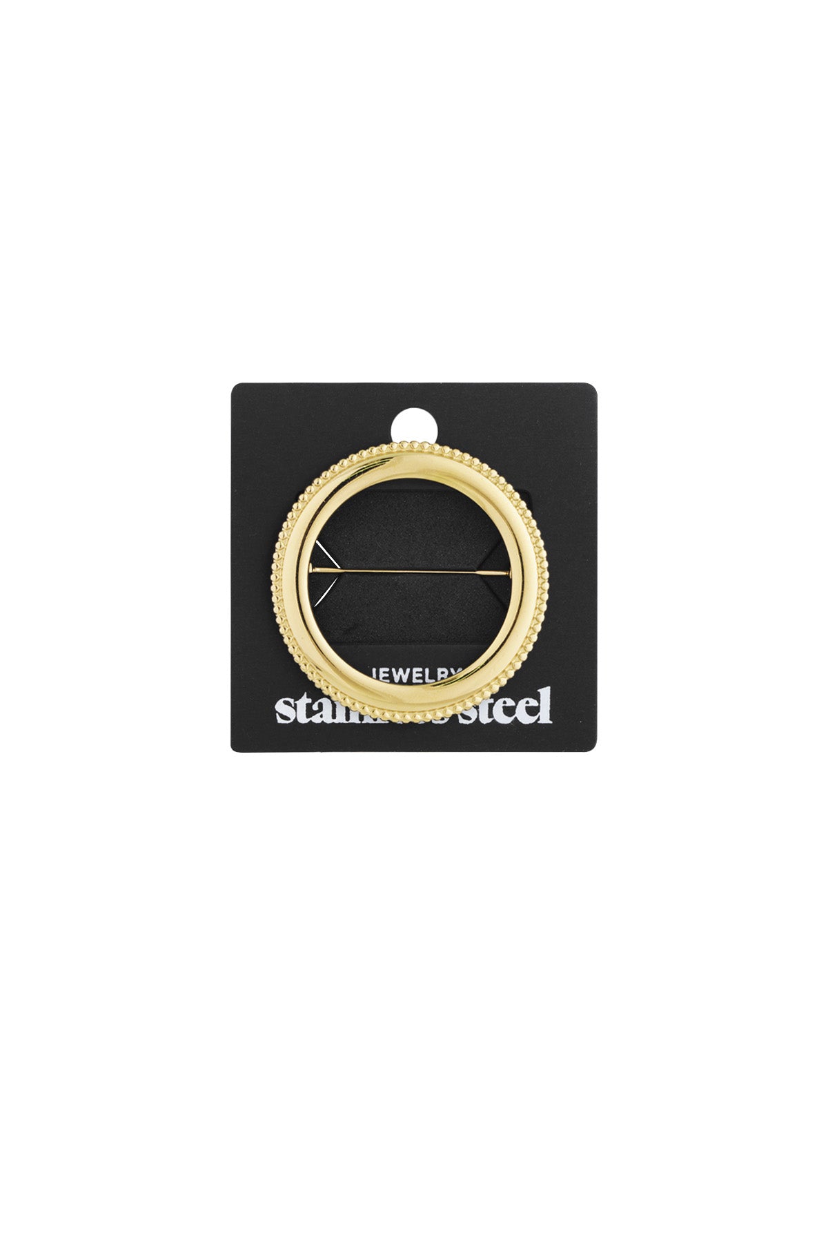 Gold circle brooch attached to black packaging card labeled stainless steel jewelry, highlighting secure pin fastening