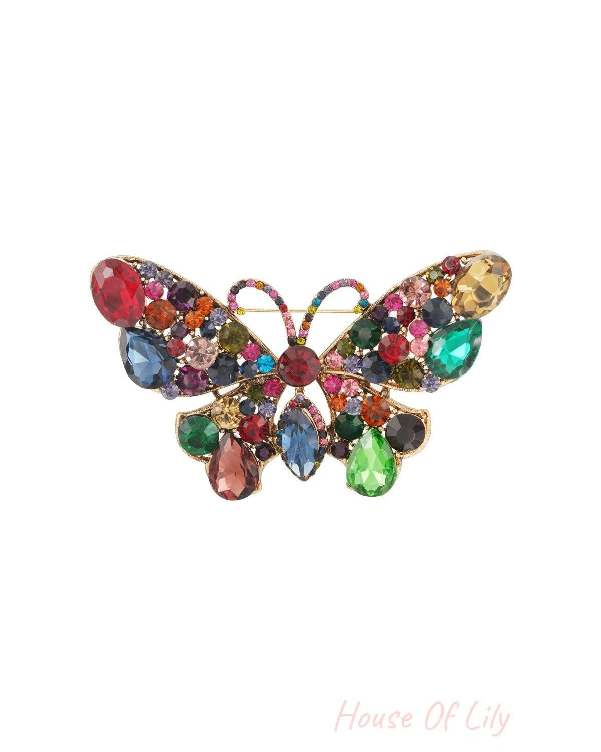 Multicolor butterfly brooch featuring vibrant crystals on a gold alloy base