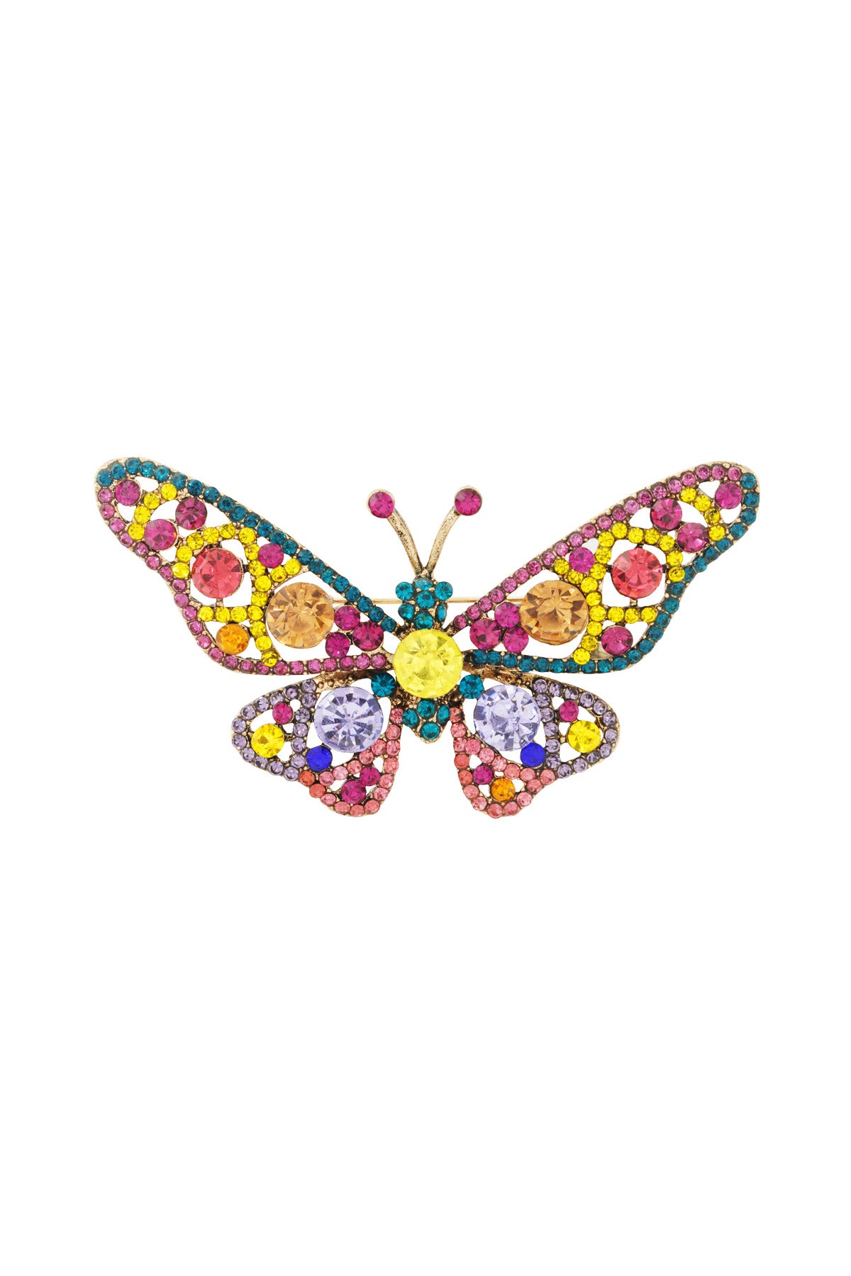 Close-up of multicolor butterfly brooch with pink, yellow, blue, and purple rhinestones set on gold alloy