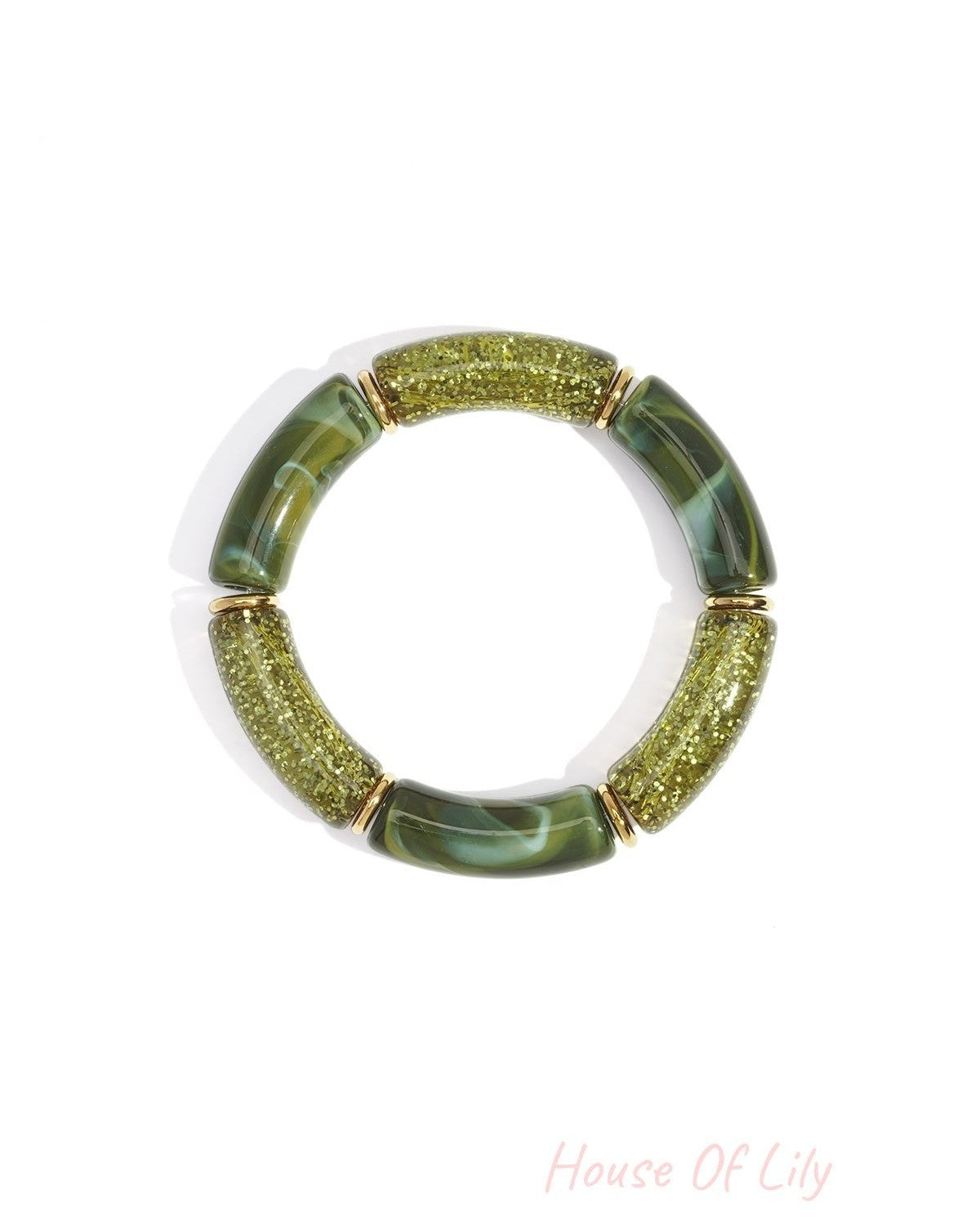 Green glitter and marbled resin beaded stretch bracelet with gold-tone spacers on white background