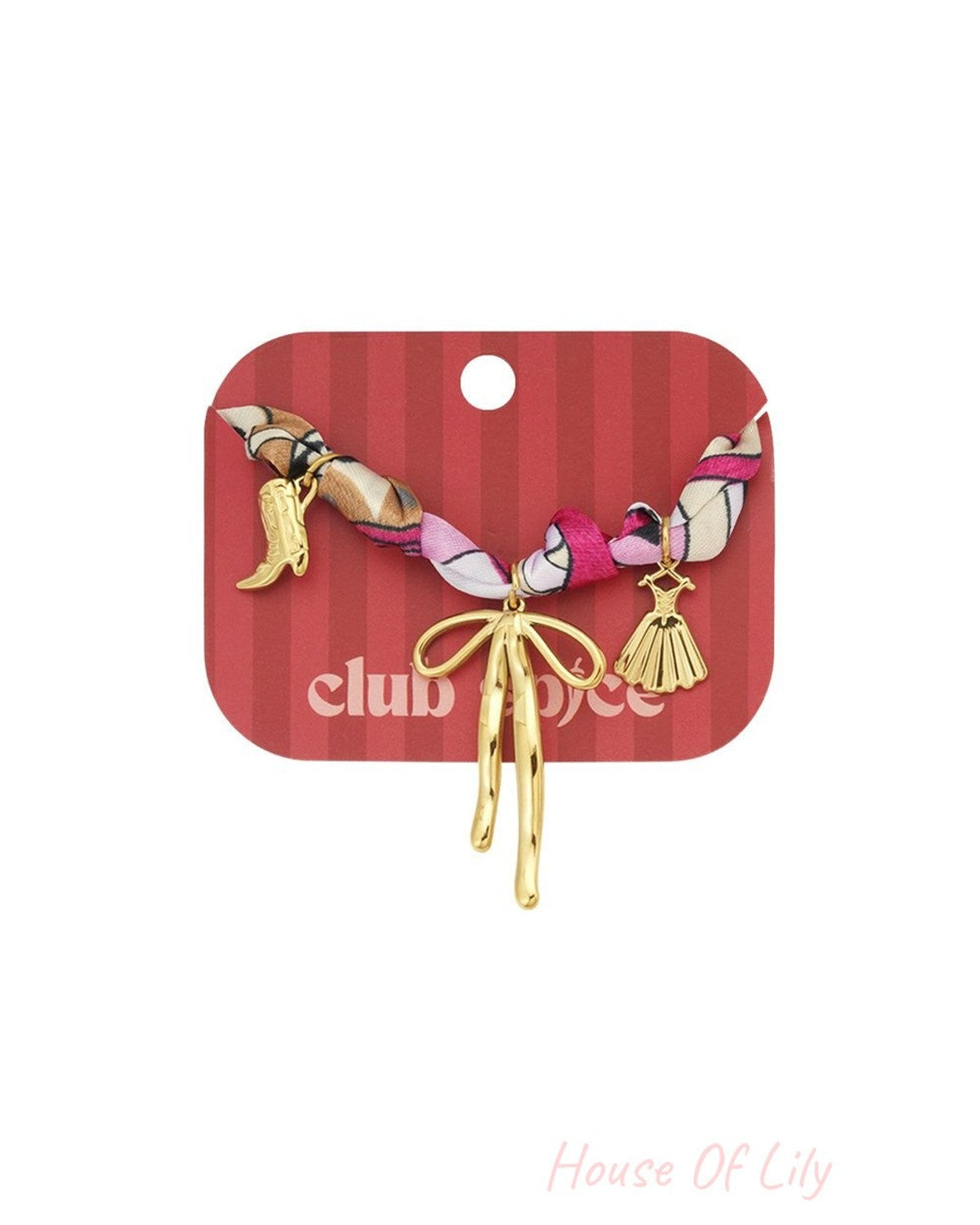 Elegant Bow Knot Bangle with a multicolored fabric ribbon, featuring gold boot, dress, and bow-shaped charms.