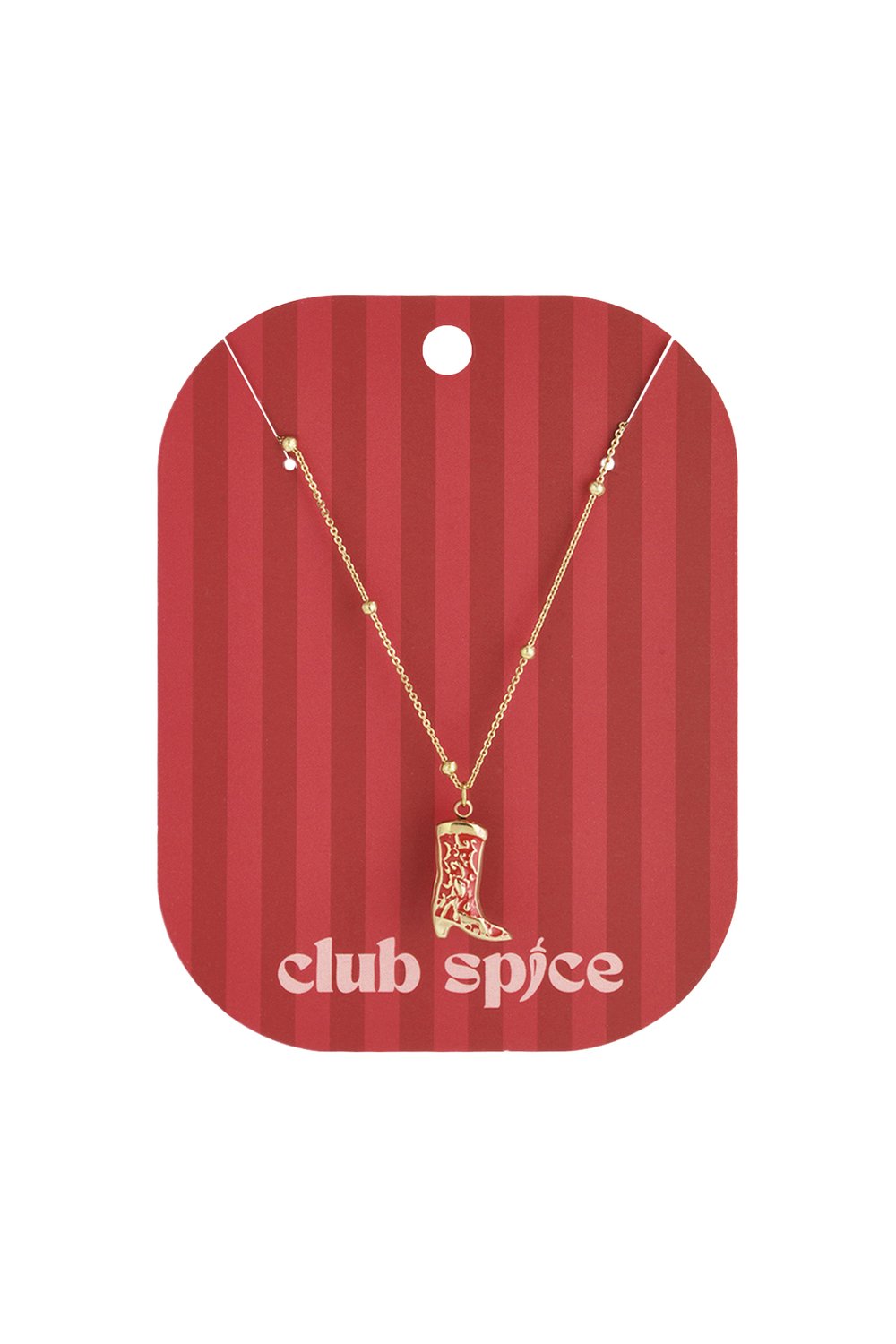 Gold chain necklace featuring a red and gold western cowboy boot pendant on a branded display card.