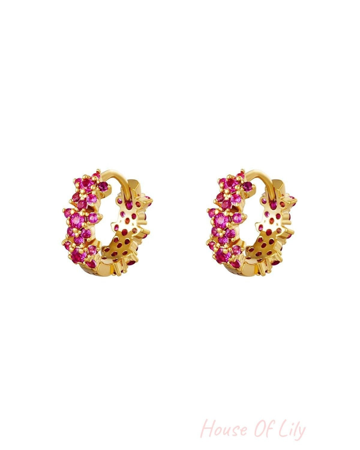 Gold plated hoop earrings adorned with vibrant pink and purple rhinestone clusters