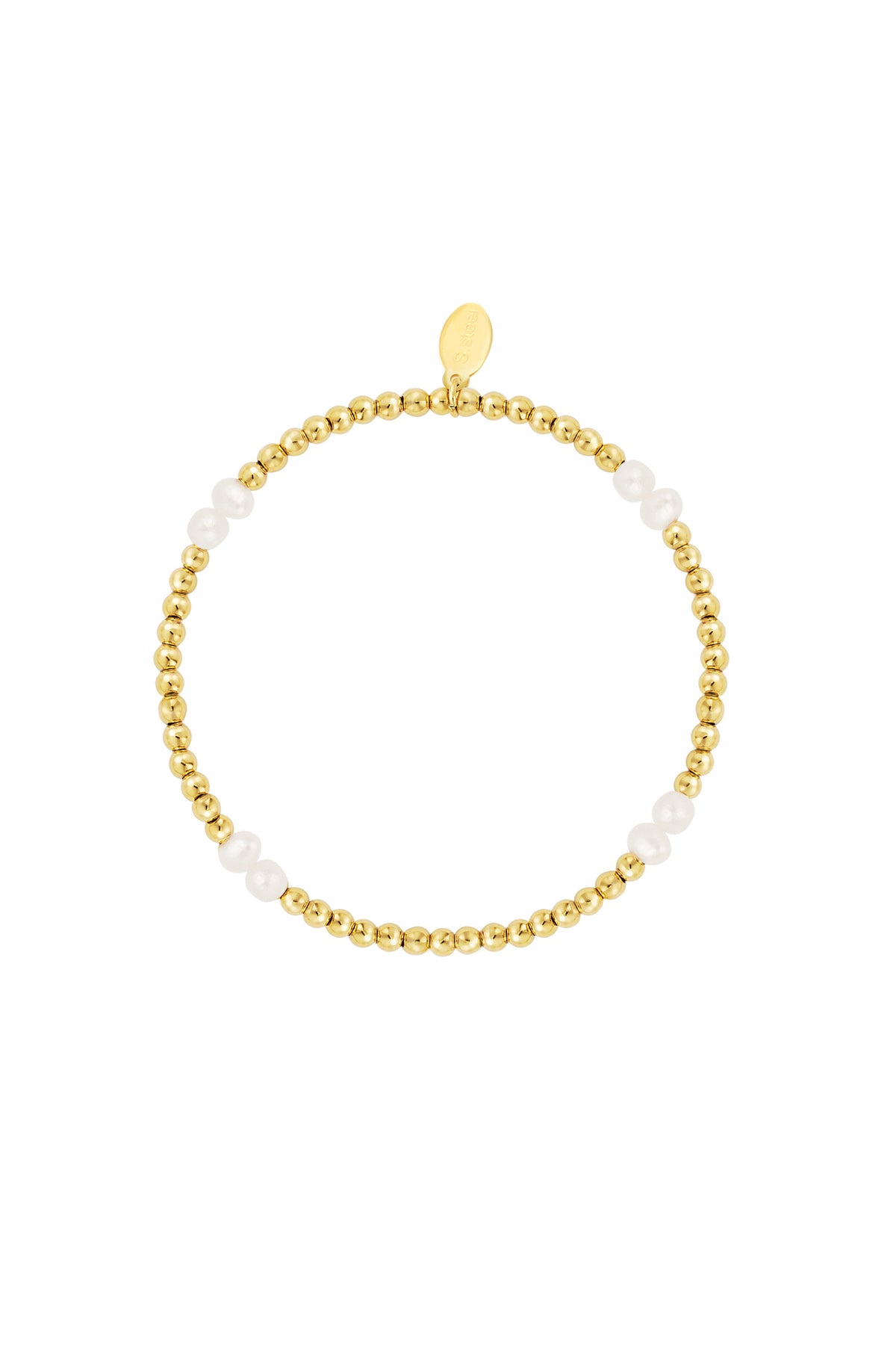 Styled view of gold bead and white pearl bracelet with branded charm on white background