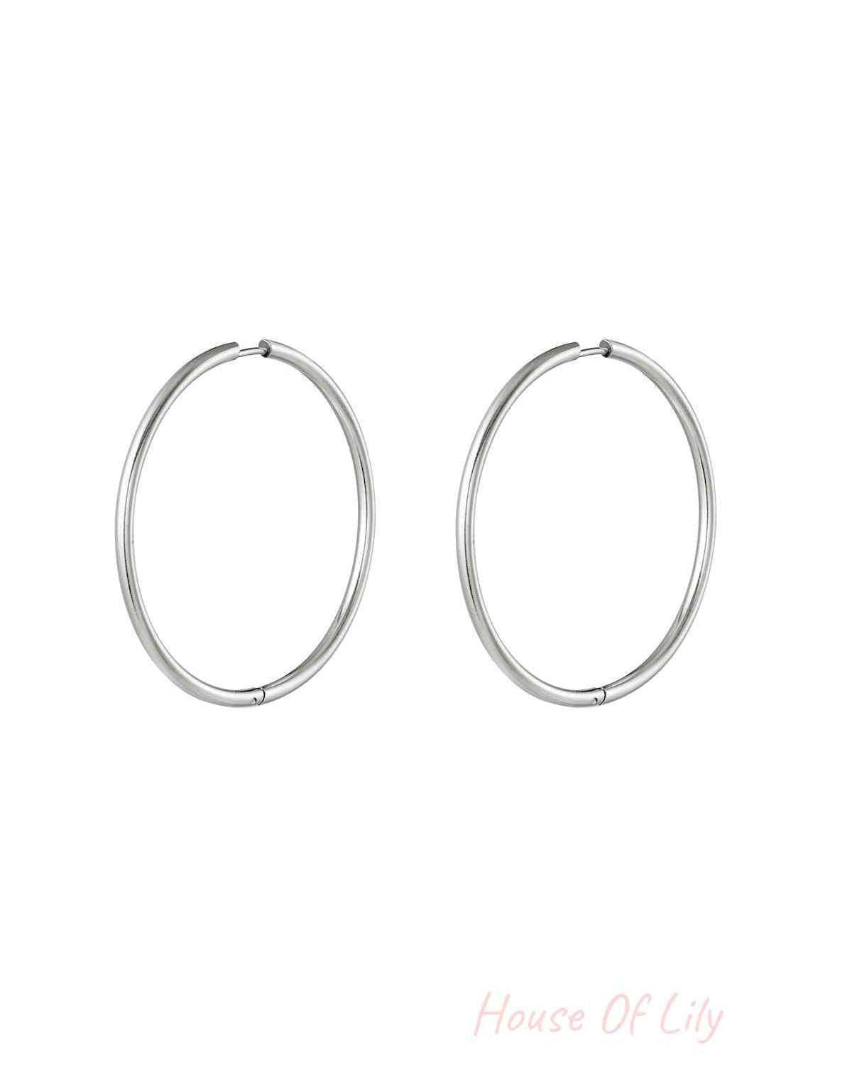 Pair of classic silver hoop earrings with smooth, thin design and secure clasp on white background