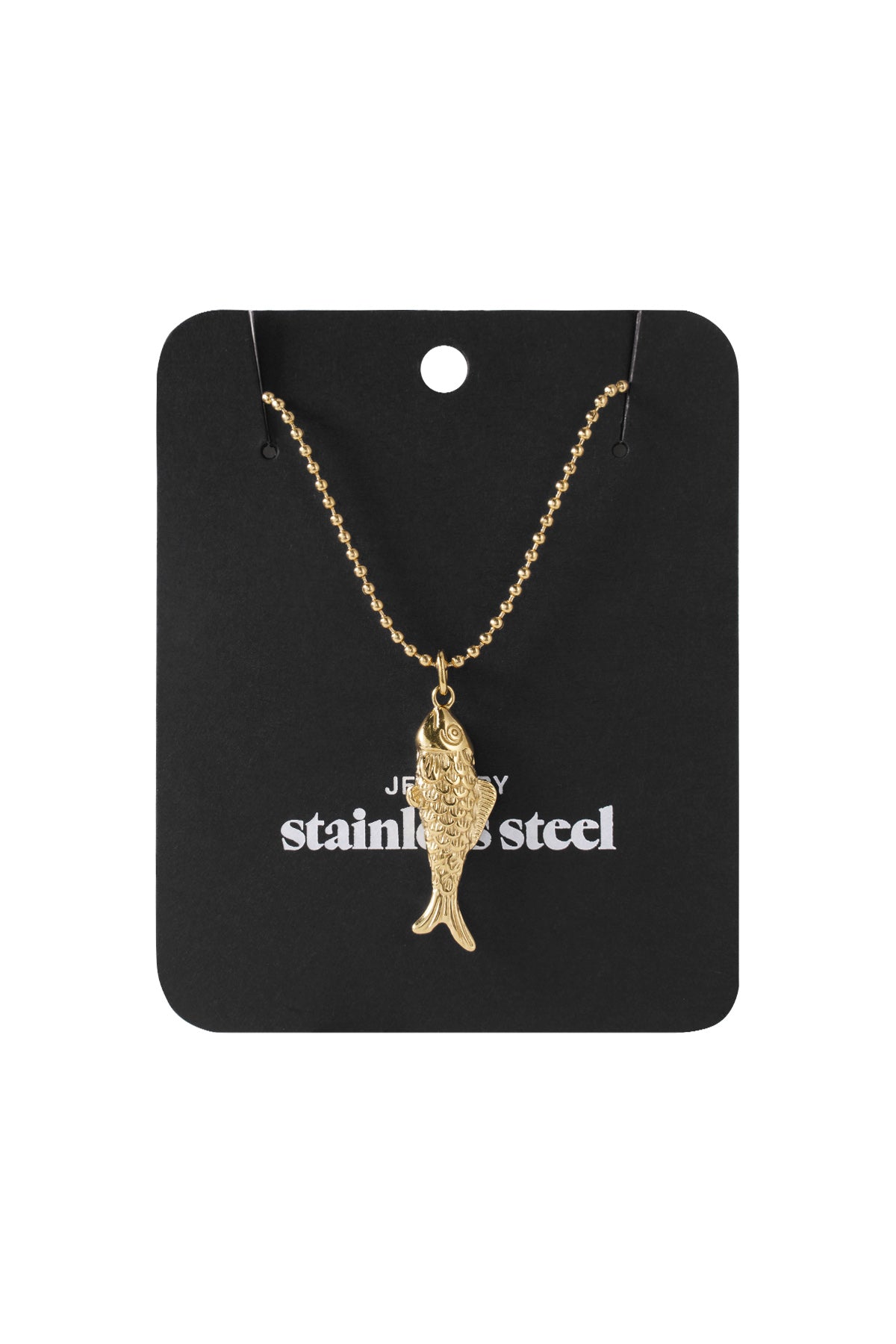 Gold-tone stainless steel fish pendant necklace on a bead chain displayed on a black backing card.