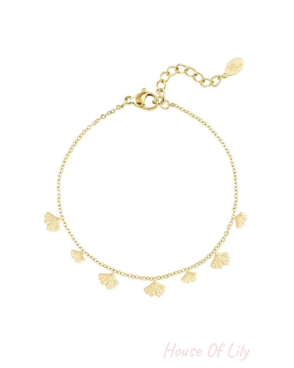 Gold charm bracelet featuring delicate ginkgo leaf charms on a fine chain with lobster clasp