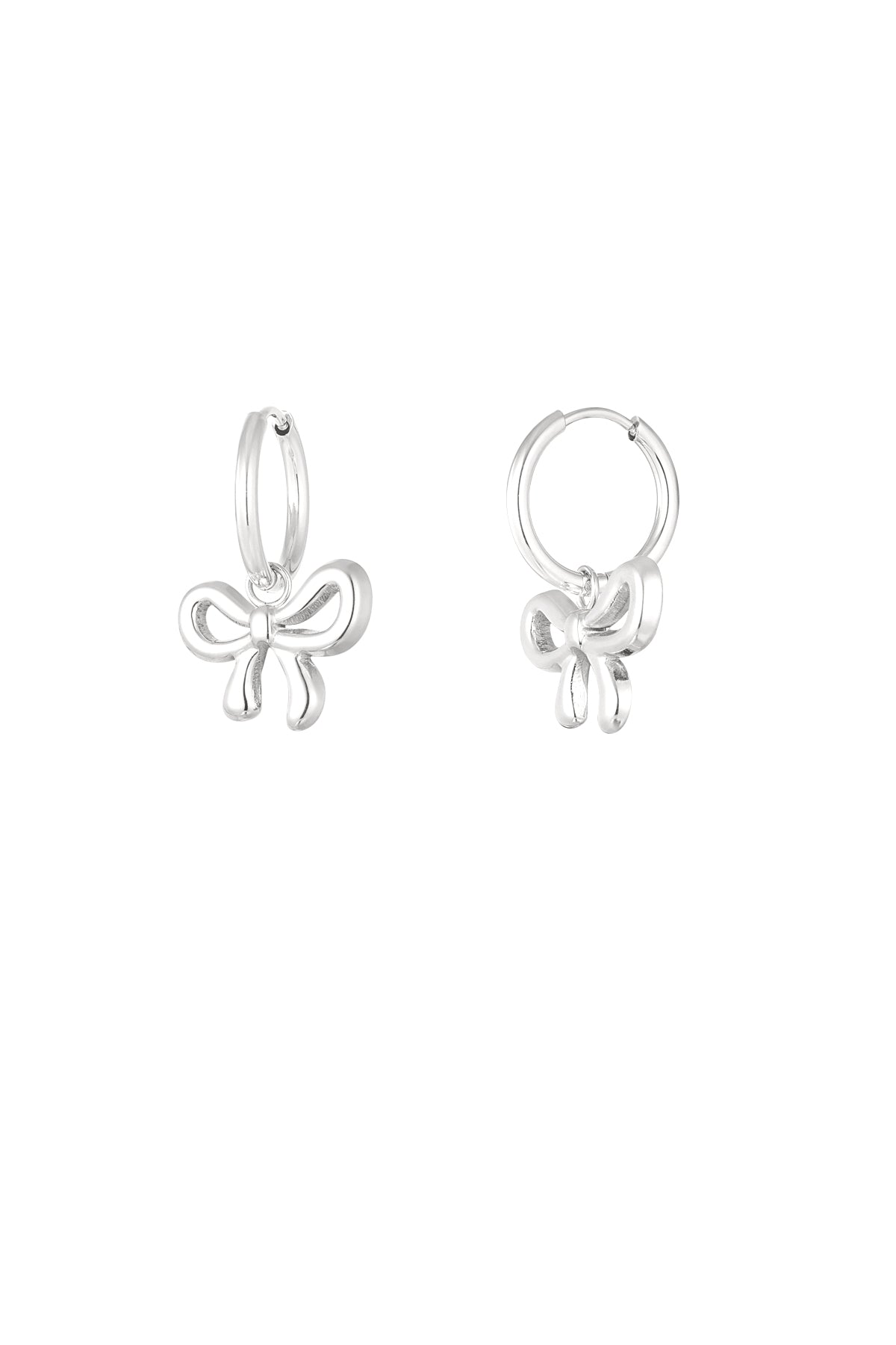 Pair of silver bow hoop earrings with smooth polished finish