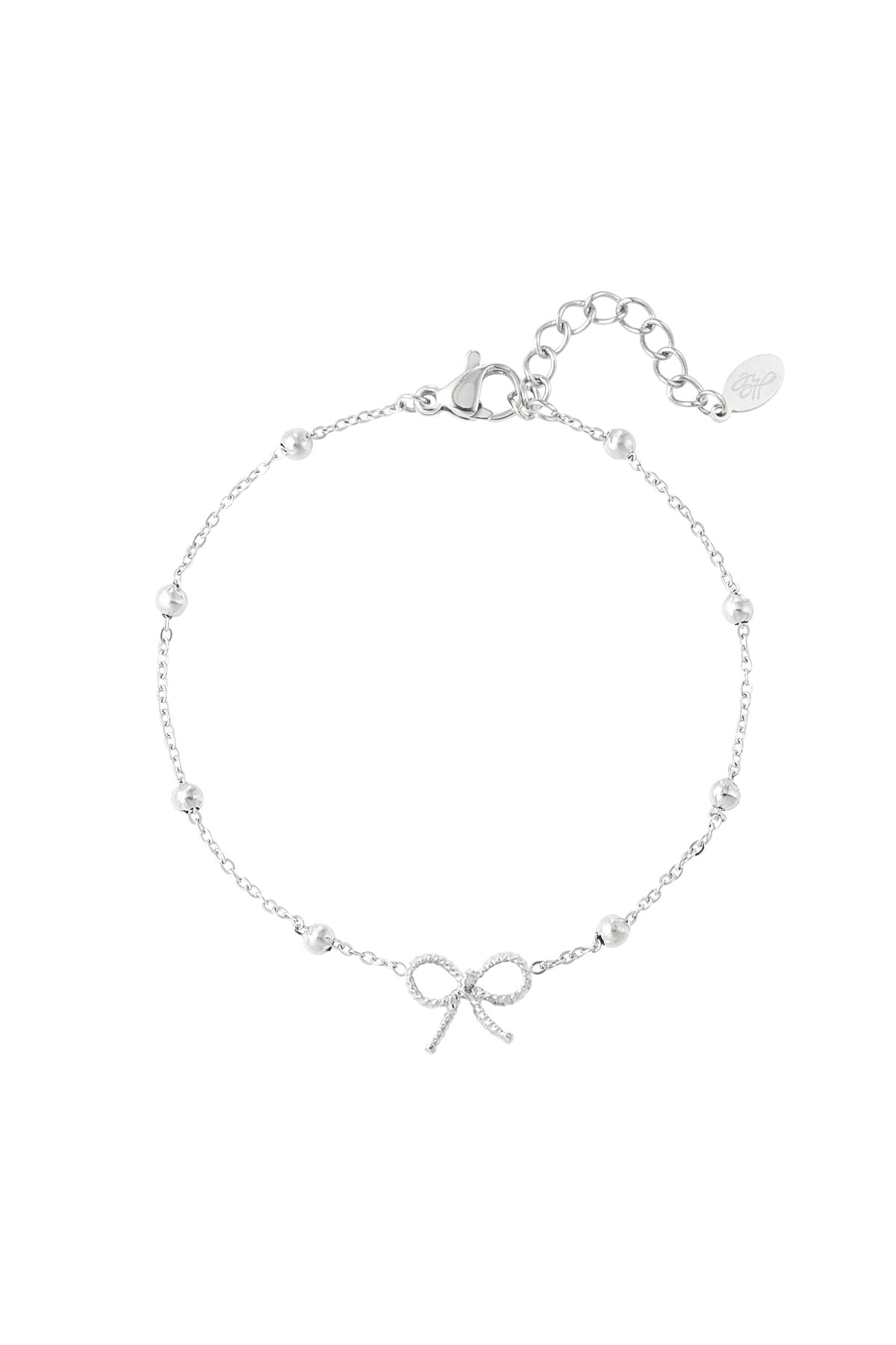 Silver-tone delicate bow charm bracelet with small spherical beads and adjustable chain on white background