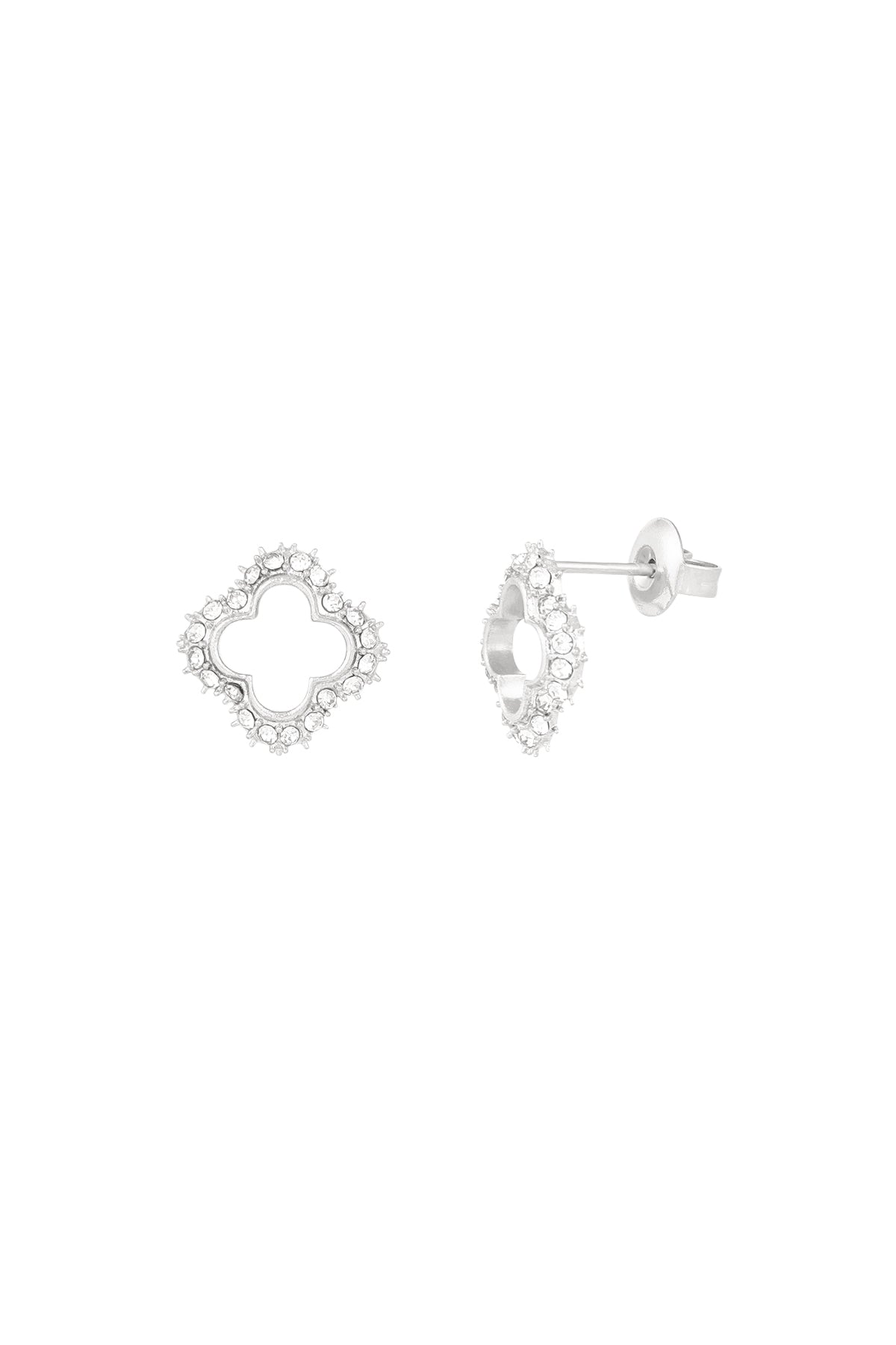 Silver-tone open clover stud earrings with clear rhinestone border on white background