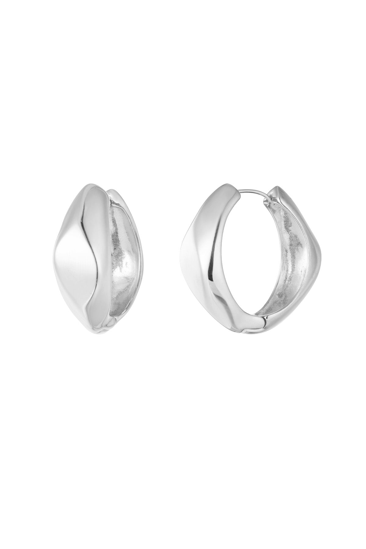 Front view of silver polished twist hoop earrings showing their sculptural twisted shape on white background.