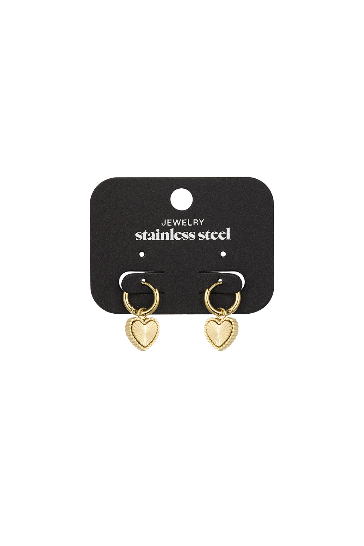 Gold hoop heart charm earrings displayed on black packaging card labelled stainless steel